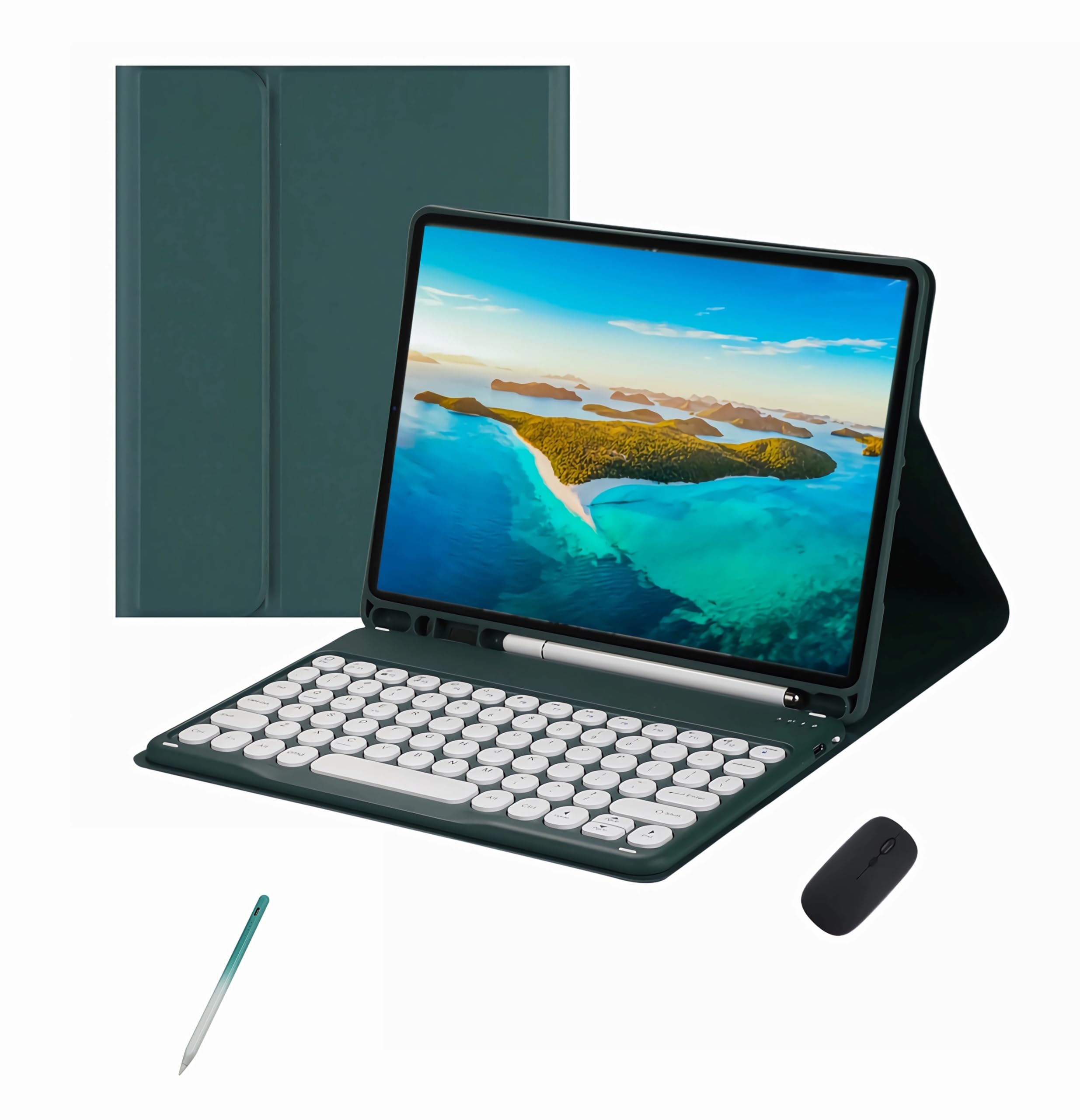 Etui na klawiaturę z myszą i rysikiem do iPada Pro 12,9 cala 3./4./5./6. generacji 2018 2020 2021 2022, odłączana klawiatura Bluetooth, etui z uchwytem na ołówek(Dark Green)