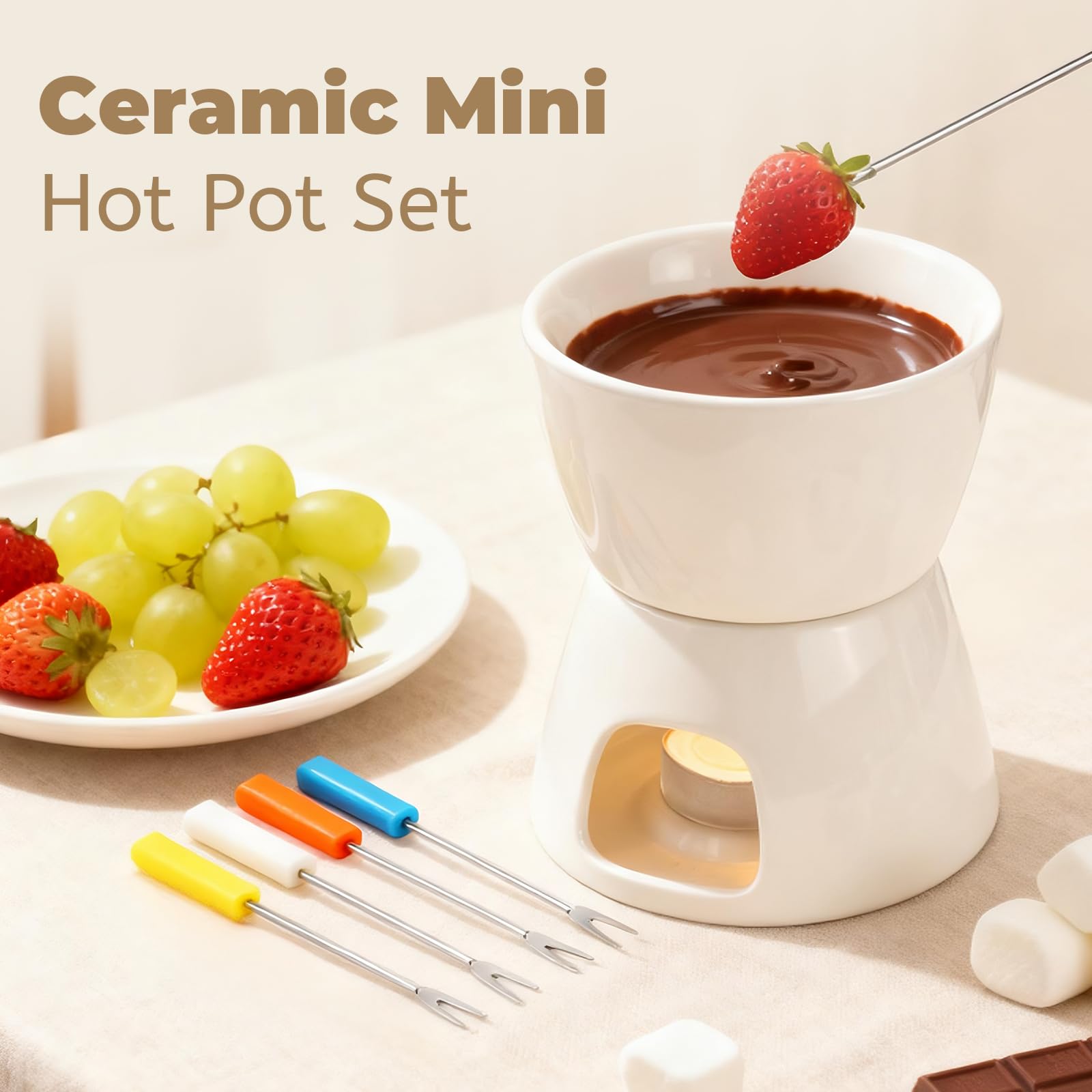 ELNLE Keramik Schokofondue Tasse Schokoladenfondue Sets, Schoko Fondue Tassen, mit 4 Gabeln, Chocolate Fondue Cup, für Schokolade Käse Fondue Familienessen Nachtisch (Schokoladenfondue, Weiß)