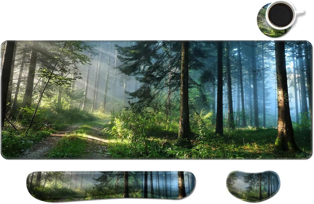 MIBITRI Keyboard Mouse Pad Set, Extended Gaming Mouse Pad+Ergonomics Keyboard Wrist Rest Support, Memory Foam, Easy Typing Pain Relief, 3Pcs XXL Ultra Thick Desk Mat, Forest in The Morning