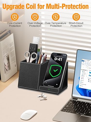 Miniatura 9 de TopMade Cargador inalámbrico con soporte para lápiz para bolígrafo, organizador de mesita de noche de escritorio multifuncional de cuero, estación