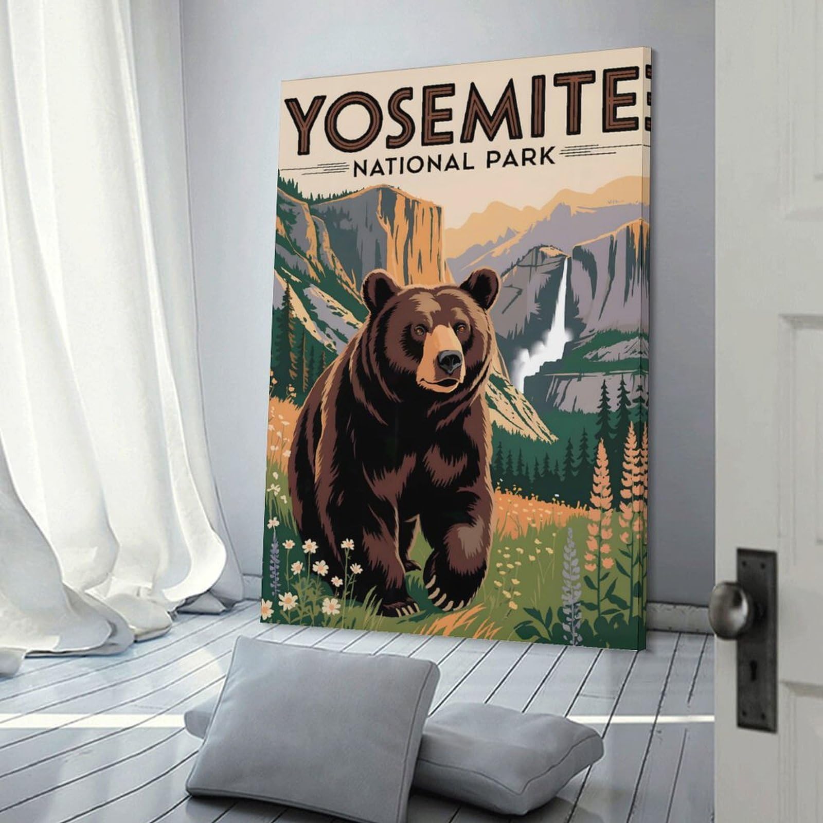 Junmoney Wall Picture Print Yosemite National Park Bear Illustration, 12x18inch(30x45cm), for Living Room, Lounge Or Sitting Room, A Home Accent with Warm Character