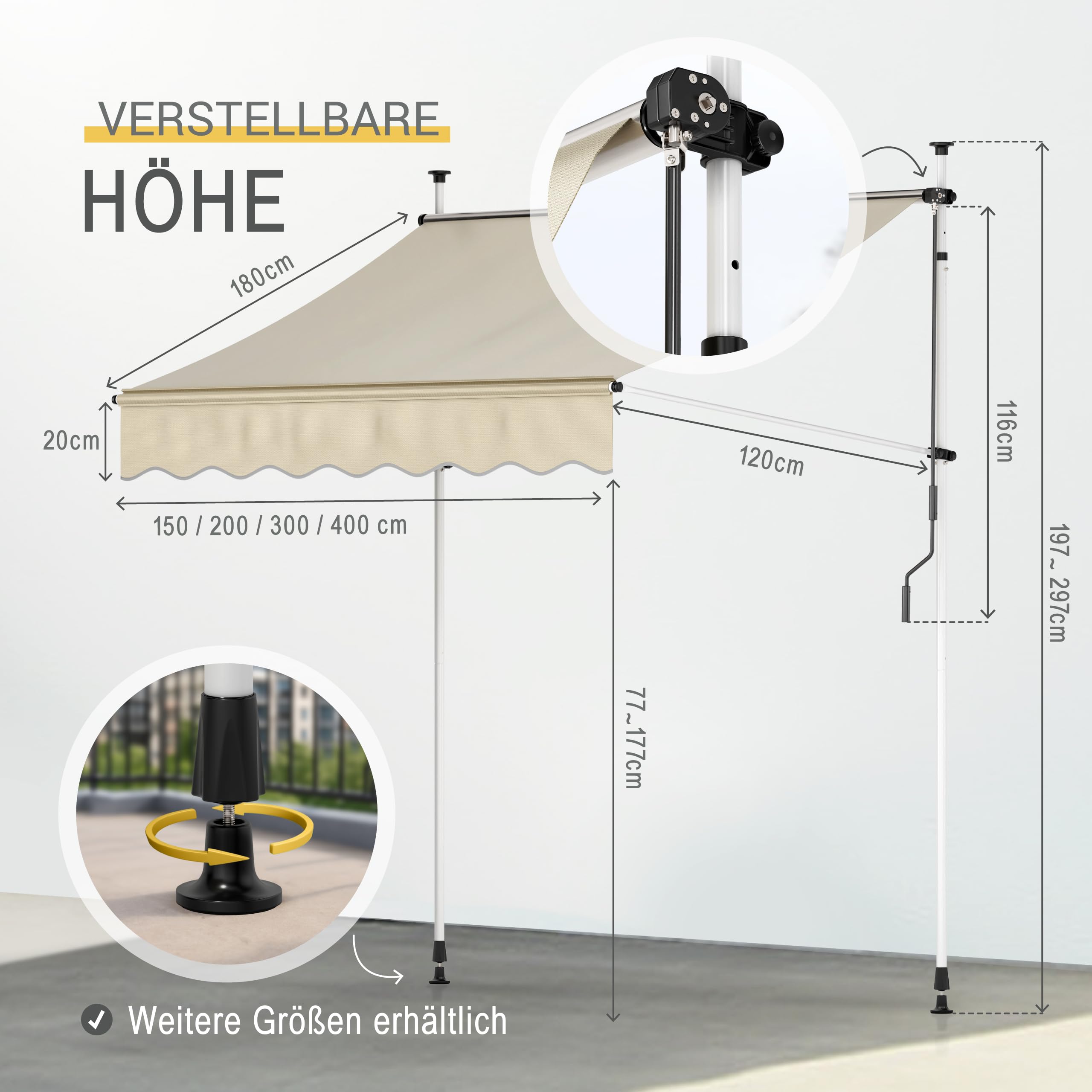 Sol Royal Klemmmarkise 2m breit ohne Bohren – Klemm-Markise mit Handkurbel Balkon Terrassen Sonnenschutz - Standmarkise Beige UV-Beständig Balkonmarkise zum Klemmen Witterungsbeständig BM3