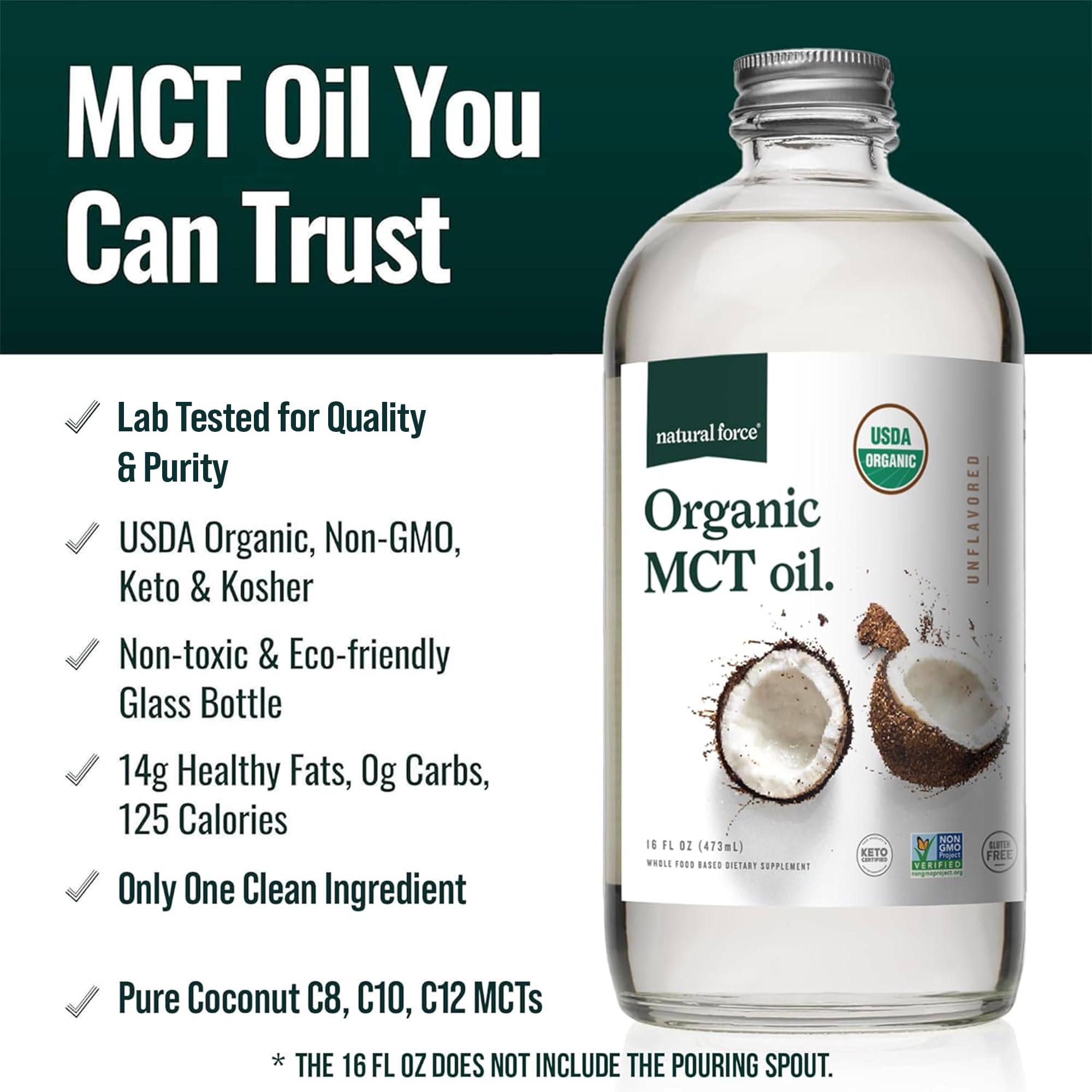 Natural Force Organic Clean Coffee Organic MCT Oil Bundle 100% Pure Coconut MCTs & Mold & Mycotoxin Free Coffee Non-GMO Keto Paleo and Vegan - 12 Oz Bag and 16 Oz Glass Bottle product thumbnail 6