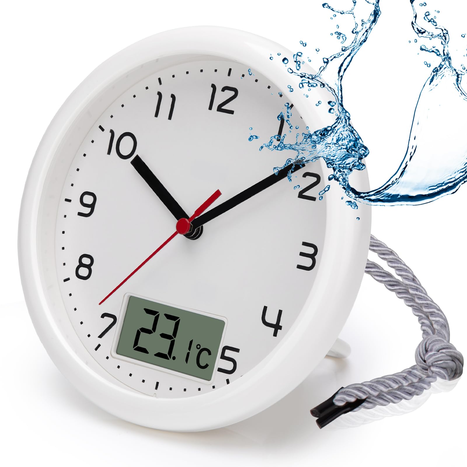 VIVILINEN Reloj de baño con indicador de temperatura, reloj de pared sin ruido de tictac, reloj de cocina con correa colgante y soporte, protección contra la humedad, 17 cm