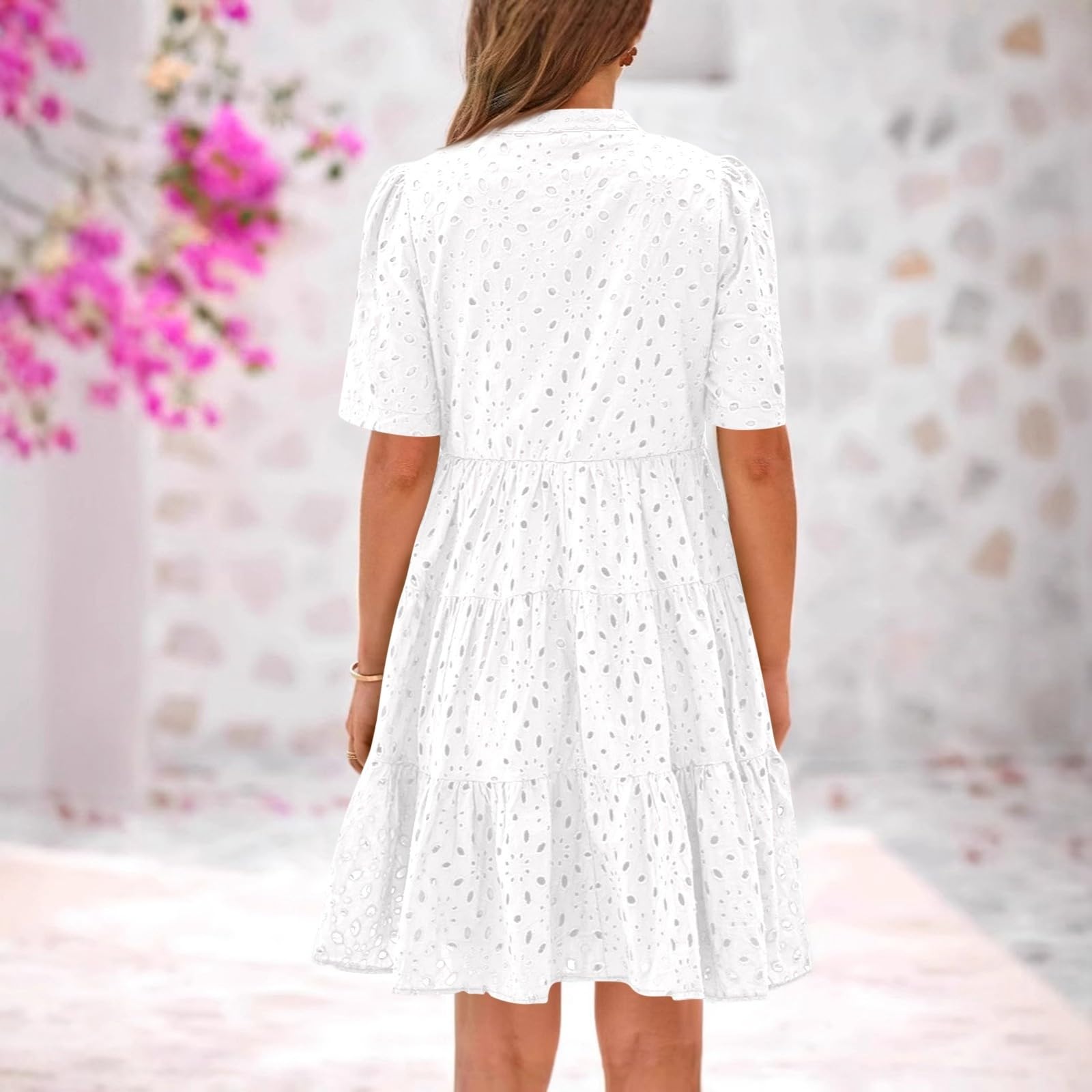 Sommerkleid Damen Knielang A Linie Kleider Sommer Elegant Lochstickerei Kleid Frauen Mit Ösen Strandkleid Häkel Spitze Sommerkleider Leicht Und Luftig Damenkleid V Ausschnitt Freizeitkleid