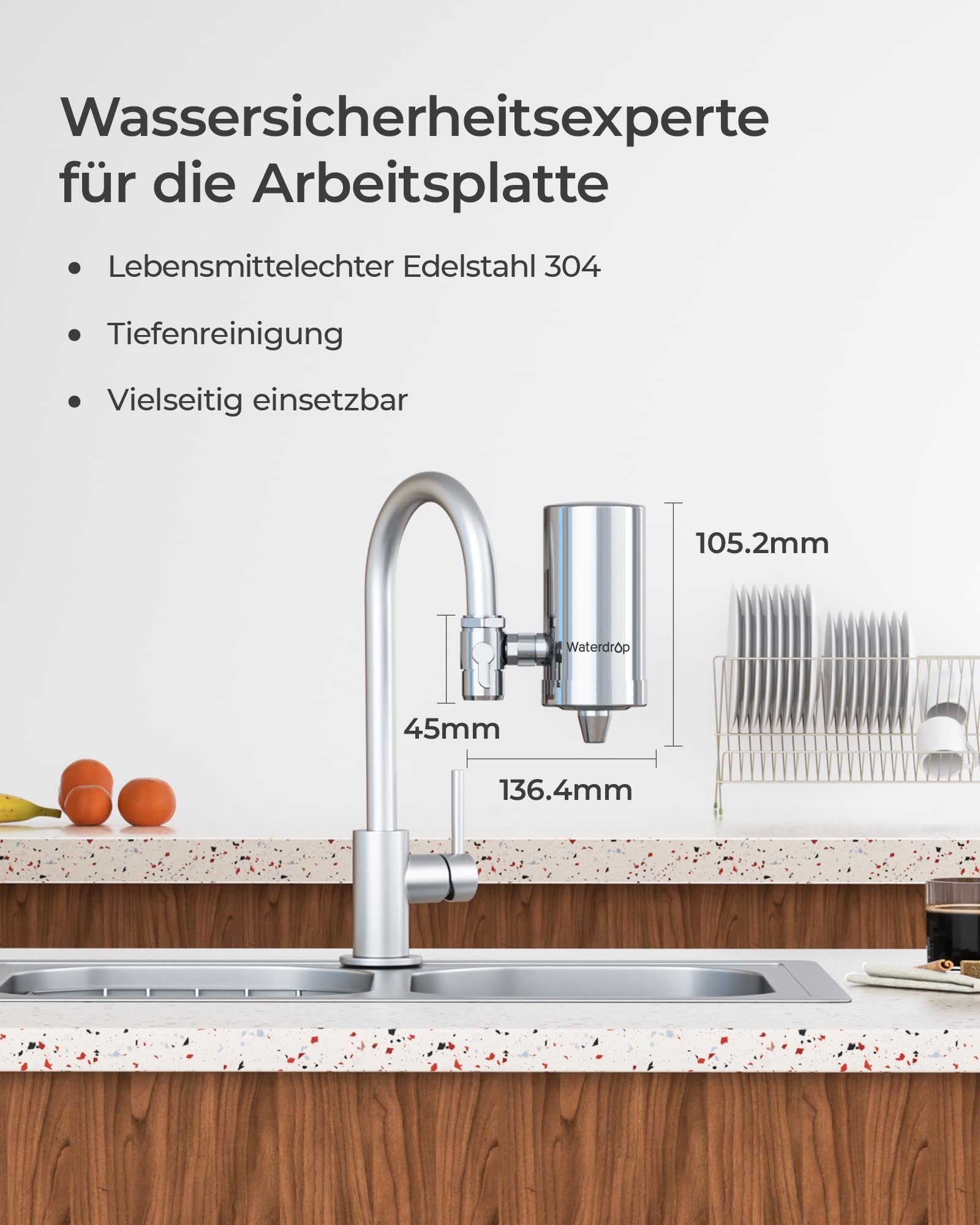 Waterdrop WD-FC-06 Wasserhahn aus Rostfreiem Stahl, Kohleblock Wasserfiltersystem, Leitungswasserfilter, Entfernt Chlor, Schwermetalle und Schlechten Geschmack (4 Filter Enthalten)