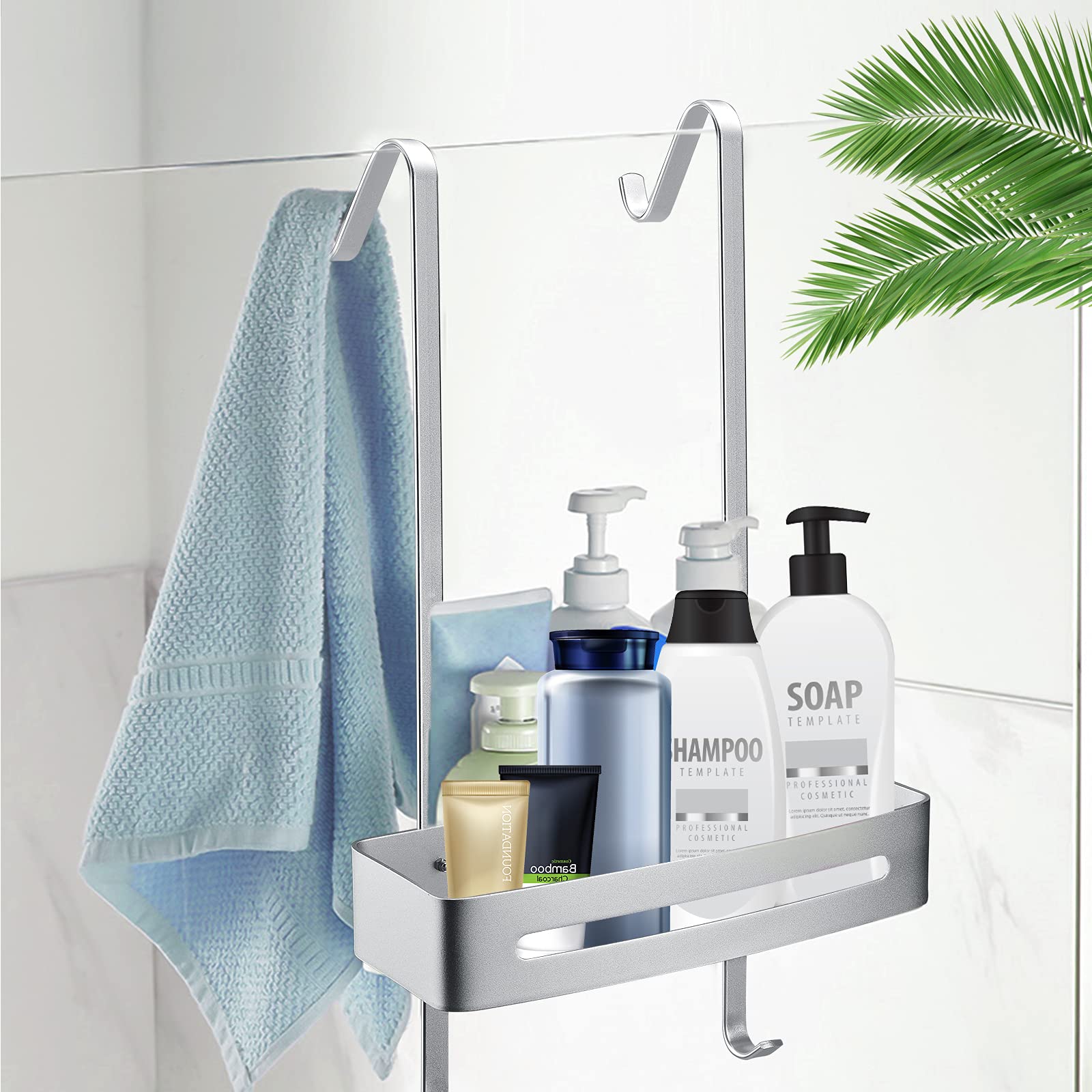 Organizador de ducha colgante, estante para colgar sobre la puerta con 2 niveles, sin necesidad de taladrar,Organizador de baño con 5 ganchos, estante para champú y gel.