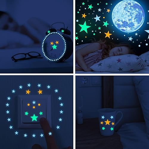 Miniatura 7 de Calcomanía de pared para techo de estrellas y luna que brilla en la oscuridad, calcomanías de pared coloridas con galaxia para niños, niñas,