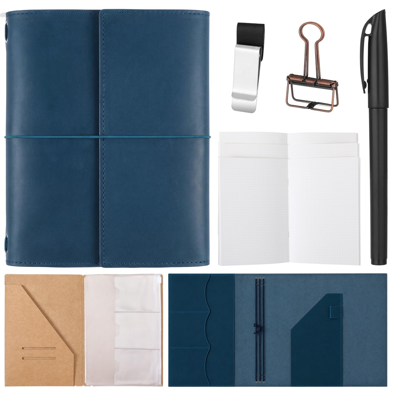 Eaasty Carnet de notes rechargeable en cuir véritable A5 avec porte-stylo, emplacements pour cartes, 3 recharges, poche en PVC, cadeau pour voyage, travail, organiseur d'écriture créatif (bleu)