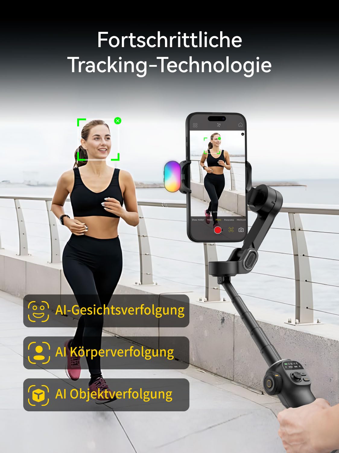 AOCHUAN Gimbal-Stabilisator für iPhone, Telefon-Gimbal mit magnetischem RGB-Fülllicht, faltbares Stabilisator mit integrierter 7,8-Zoll-Verlängerungsstange für iPhone/Android Smart X2 Kit Schwarz