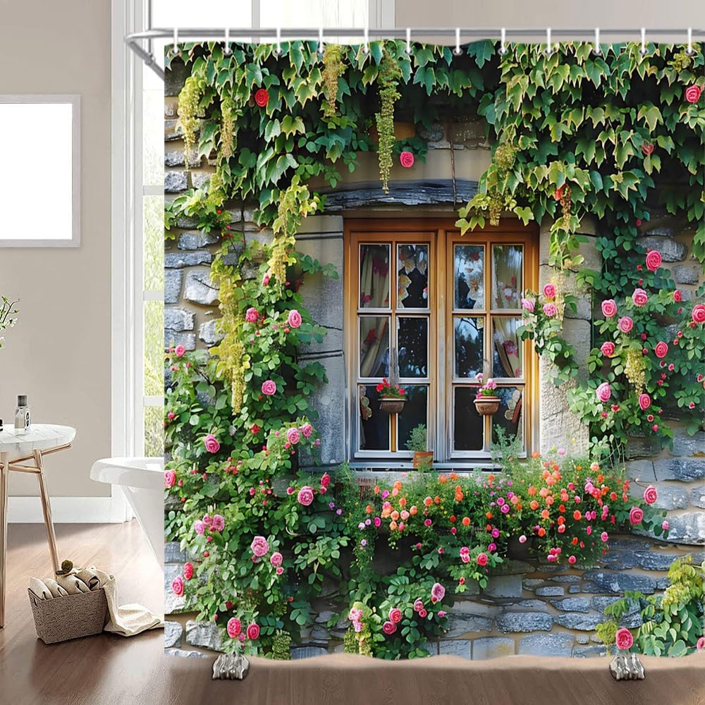 Brick Wall Shower Curtain Vintage Garden Stone Wall Green Plant Flower Leaves European House Window Natural Scene Italian Style Spring Bathroom Decor Curtains Polyester with Hooks