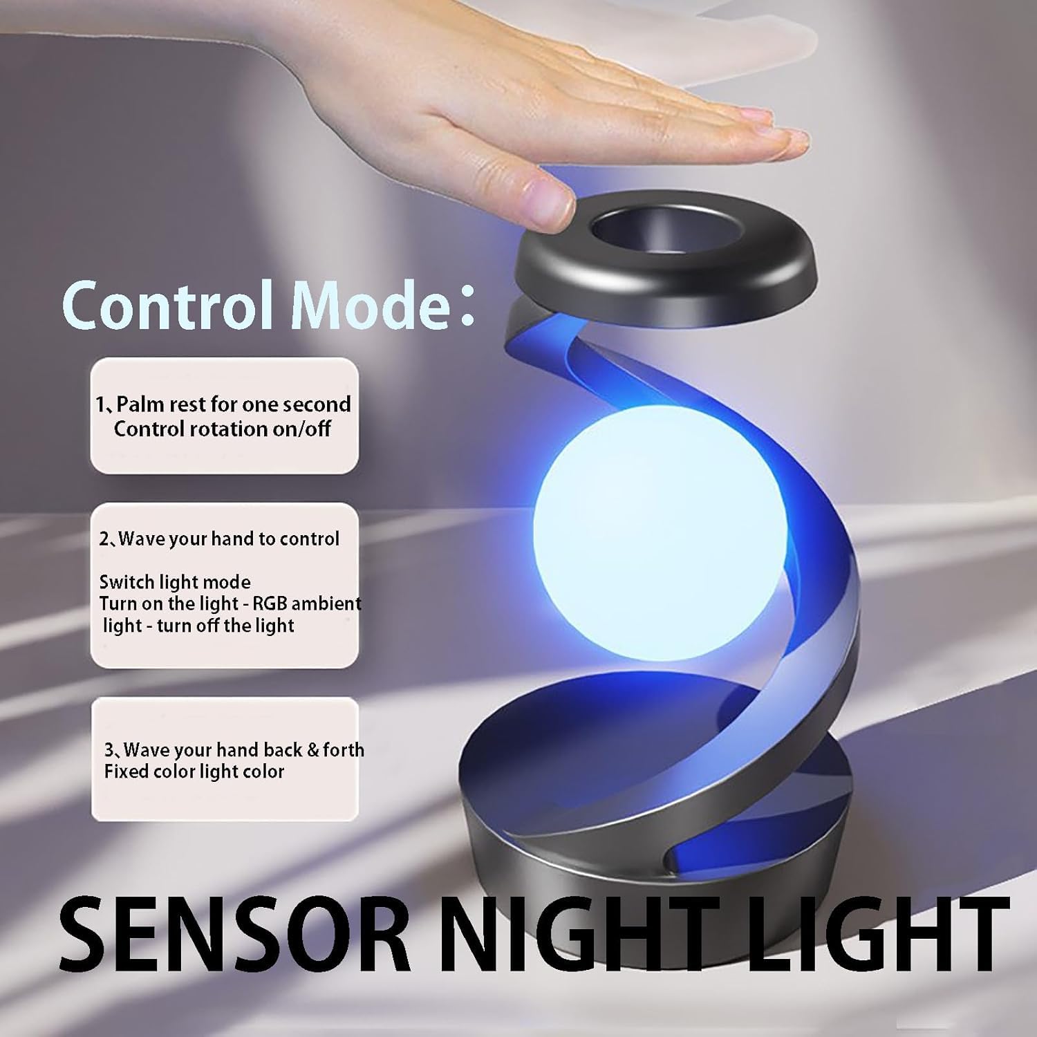 Lampada da Comodino LED Senza Fili con Sensore, Lampada da Tavolo a Spirale Ricaricabile con Caricatore Wireless, RGB Lampada a Levitazione Magnetica Rotante per Camera da Letto Salotto Ufficio,Nero