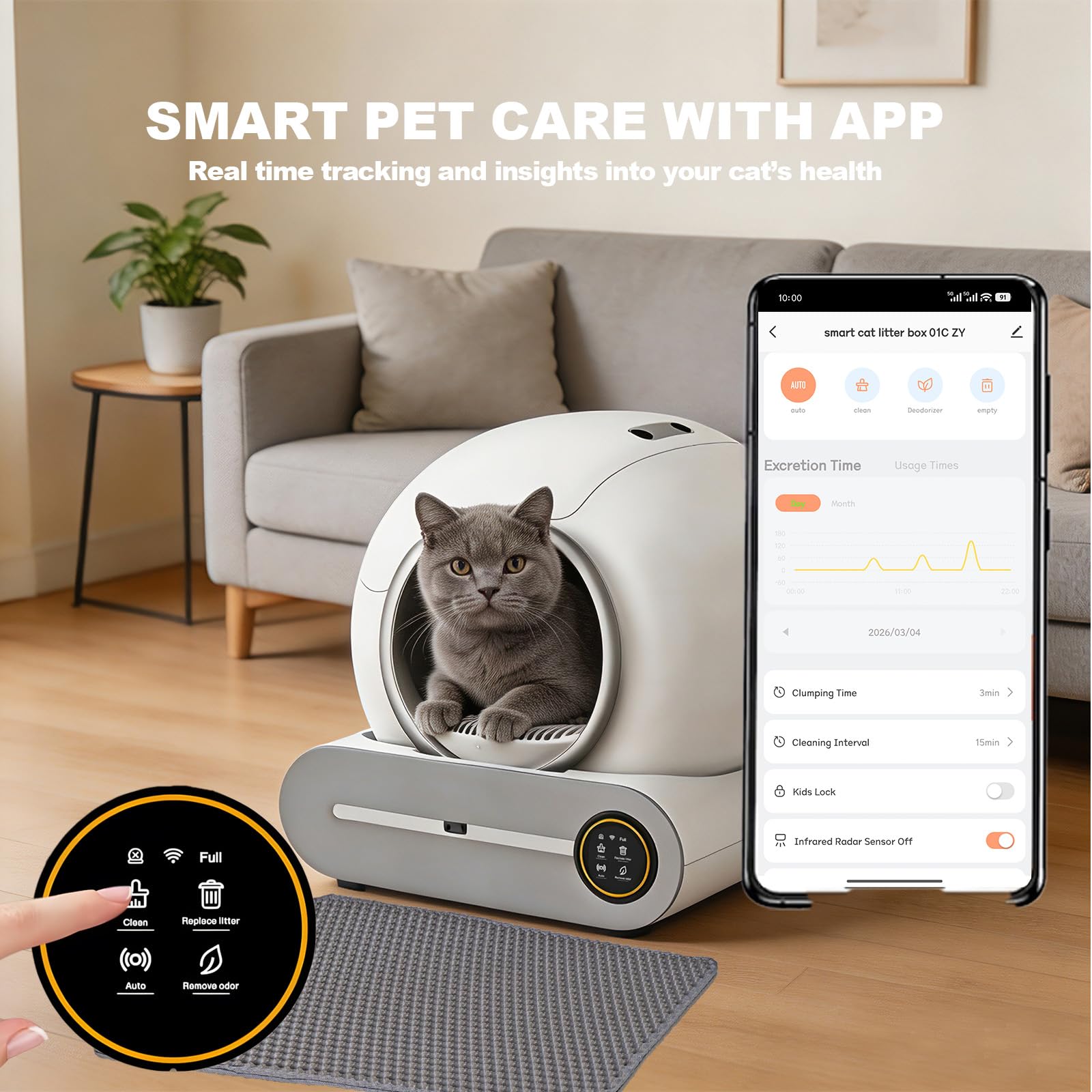 Lettiera Autopulente per Gatti 65 L+ 9 L Cassetta per Gatti Abilitata WiFi | Anti Trappola, Isolamento Odori, Controllo App, Progettazione Sicura, 6 Sacchetti per Rifiuti, 2 Filtri, 1 Tappetino