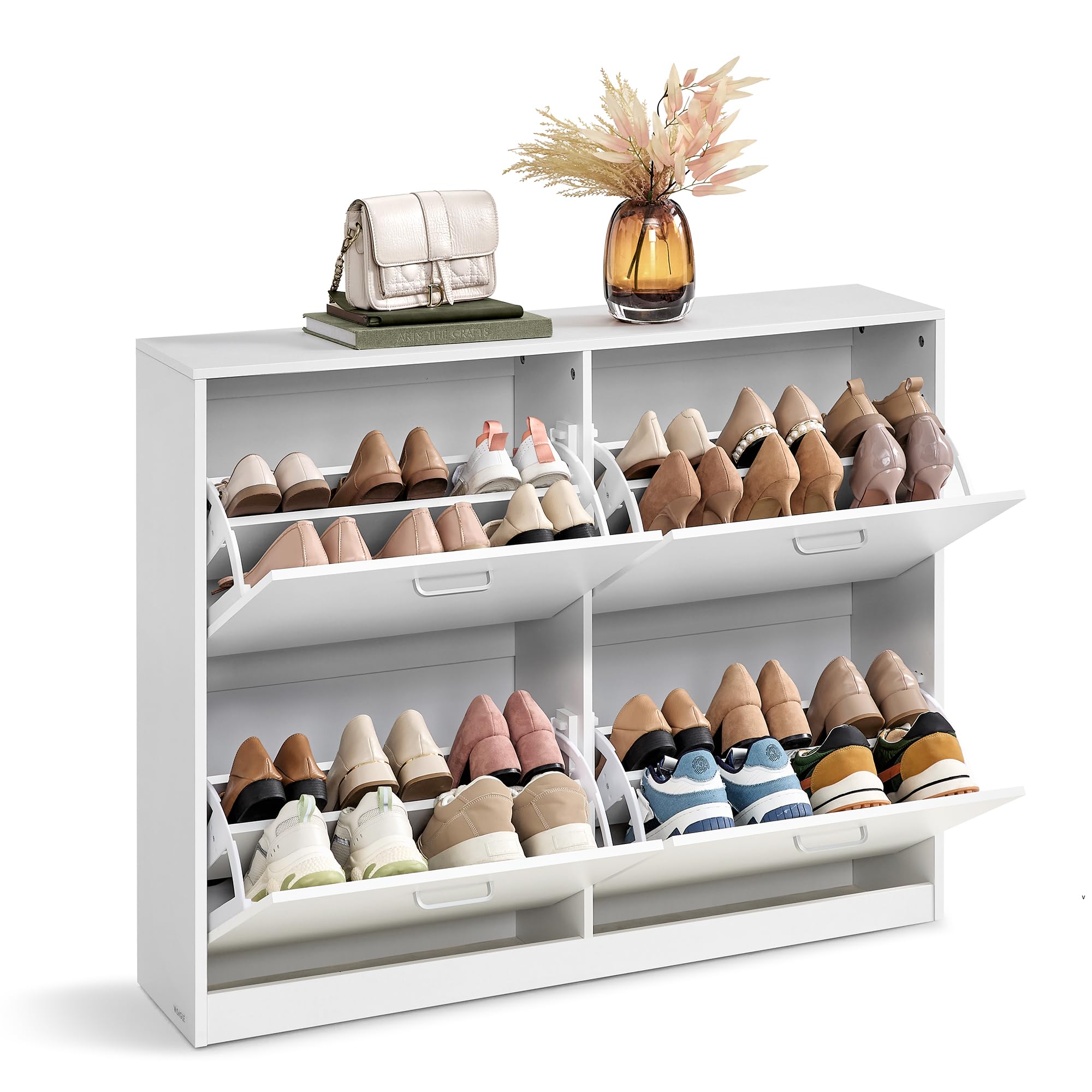 VASAGLE Shoe Storage Cabinet With 4 Flip Drawers, Shoe Cupboard with Doors, Shoe Rack, Shoe Storage, Adjustable Divider, for 16-28 Pairs of Shoes, Shoe Cabinet 105.5 x 24 x 82.7 cm, White LBC035W01