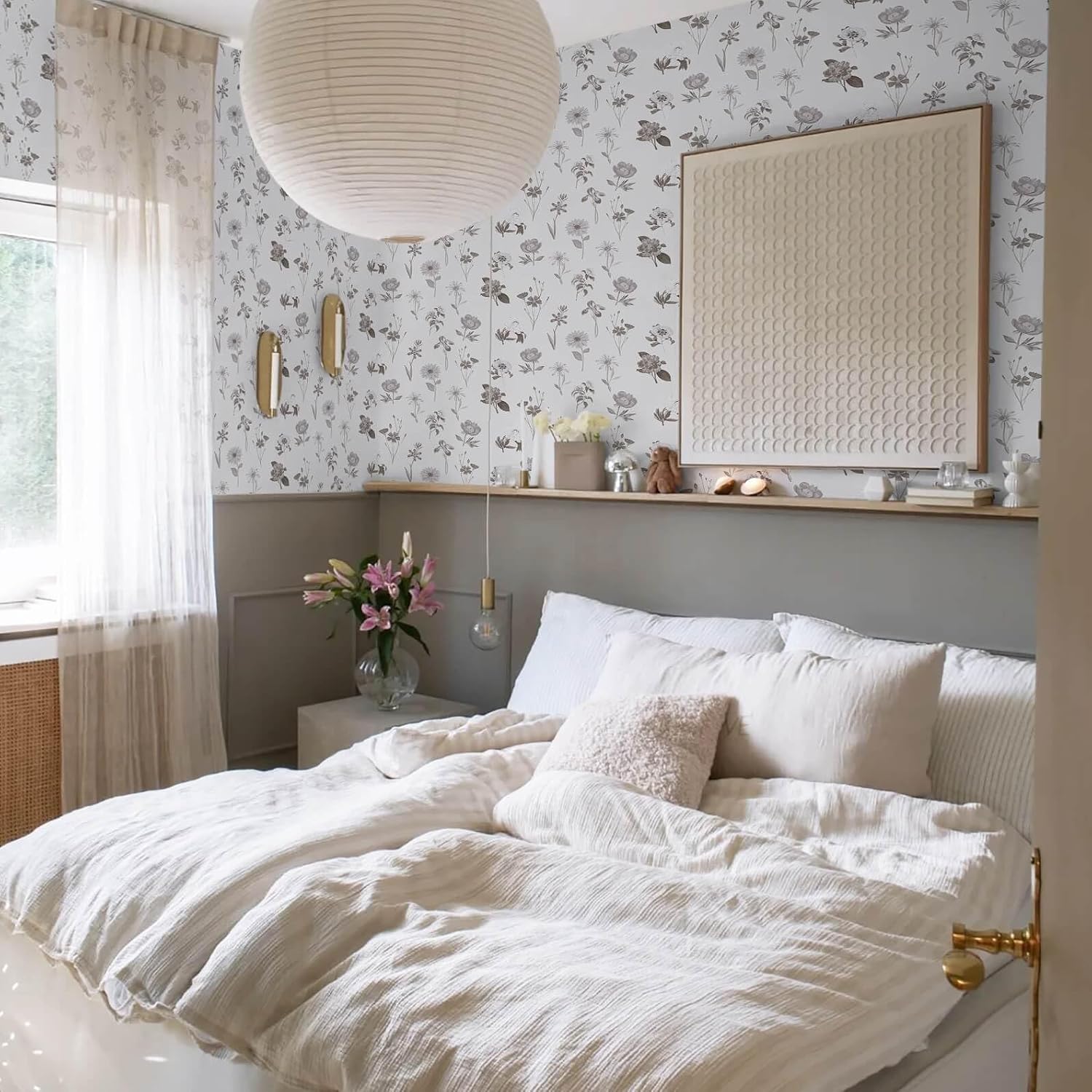 Ismoon Floral Peel and Stick Wallpaper Boho Wallpaper White/Grey Contact Paper Removable Stick on Wall Paper Self Adhesive Vinyl Wallpaper for Bedroom Cabinet Shelf Renter Friendly 17.3x78.7in