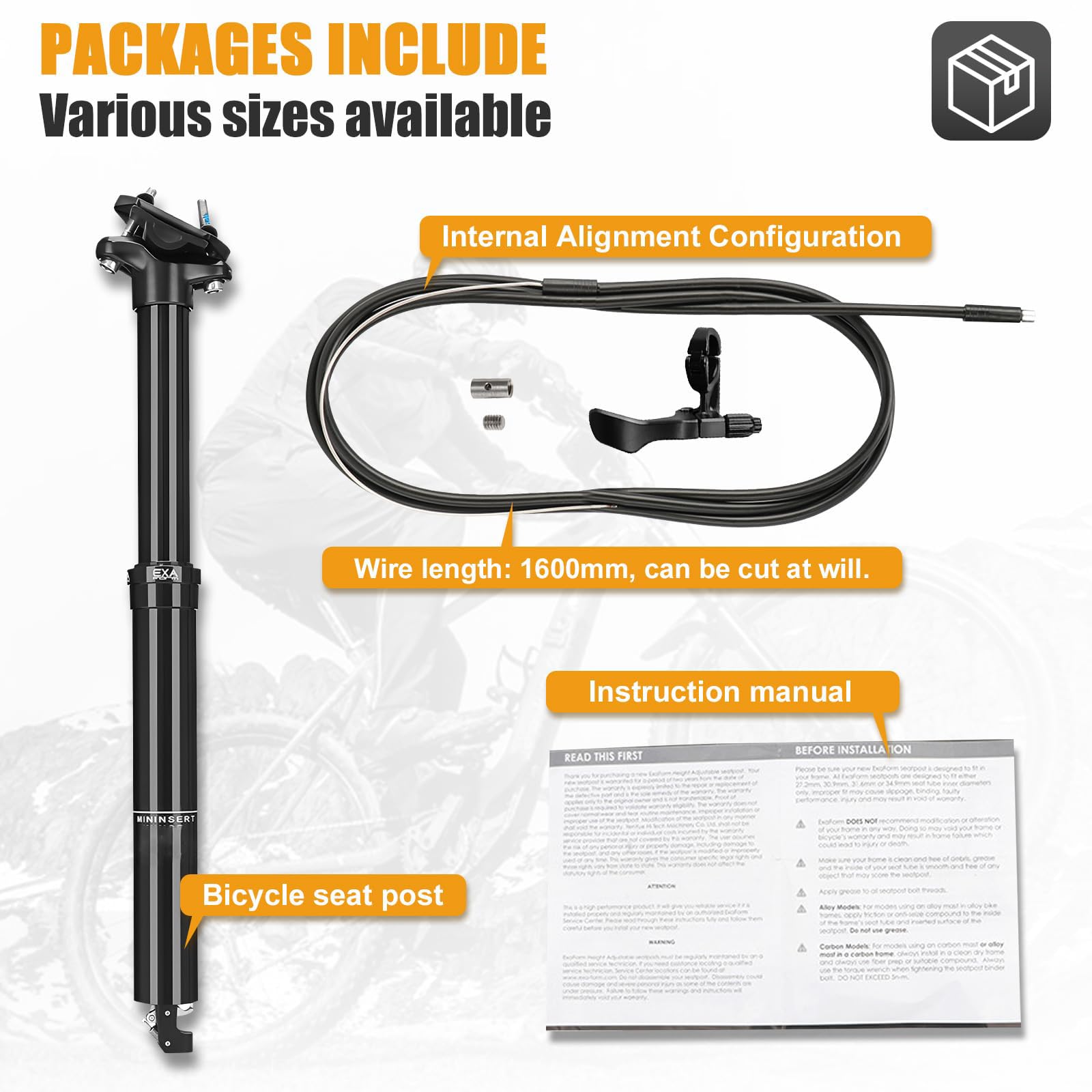 Tige de Selle VTT Suspendue et Telescopique Diamètre 30,9mm/31,6mm,Tube de Selle Amortisseur Hydraulique de Vélo avec Levier à Distance et Kit de Câbles,Débattement 100mm/125mm/150mm