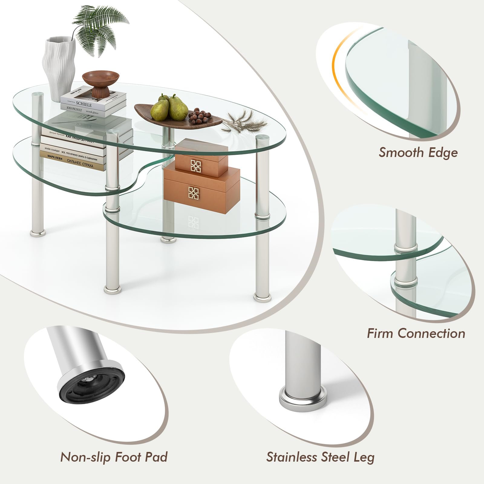 GIANTEX Tavolino da salotto in vetro temperato, tavolino ovale con 3 ripiani in vetro e gambe in acciaio inox con poggiapiedi, elegante tavolo da soggiorno per ufficio e casa, 89 × 49 × 45 cm