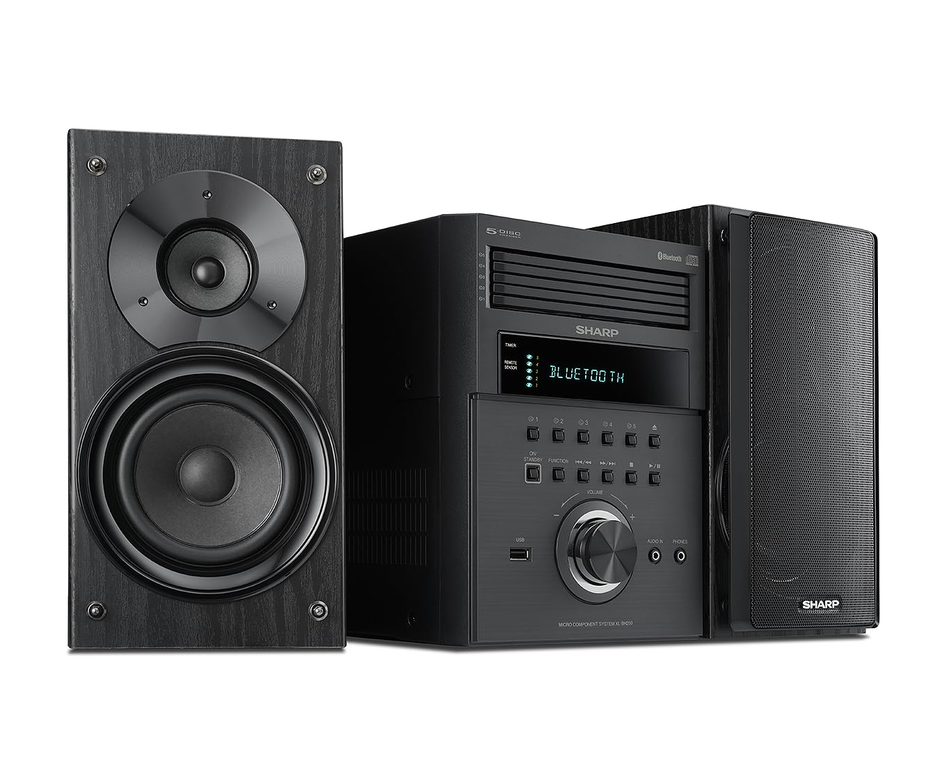 Sharp XL-BH250 Sharp 5-Disc Micro Shelf Executive Speaker System with Bluetooth, USB Port for MP3 Playback, AM/FM, Audio in for Digital Players
