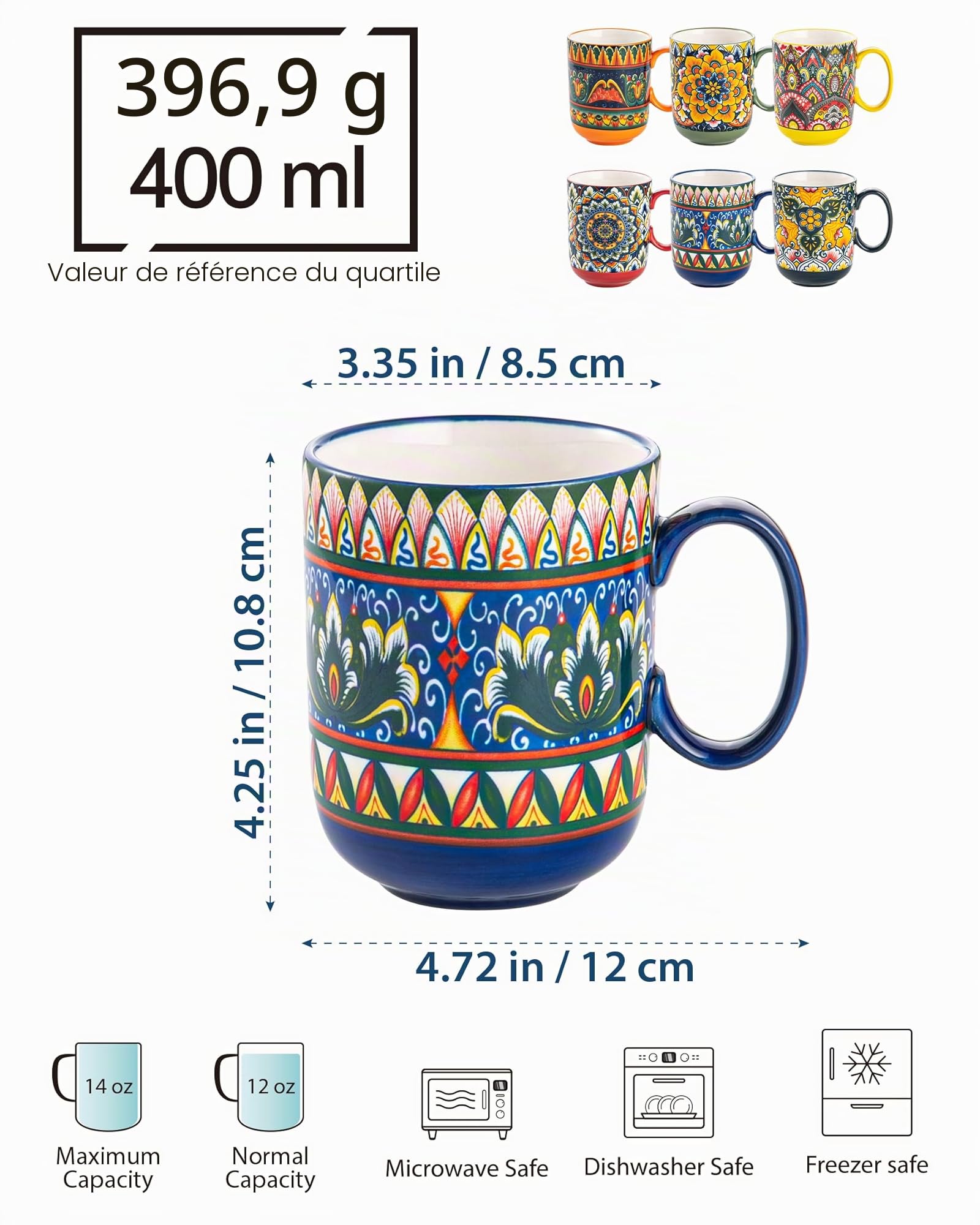 Henten Home Lot de 6 Grandes Tasses à Café en Porcelaine, 400ml Mugs avec Anse pour Thé, Café, Lait, Cappuccino, Résistant au Lave-vaisselle et Micro-ondes