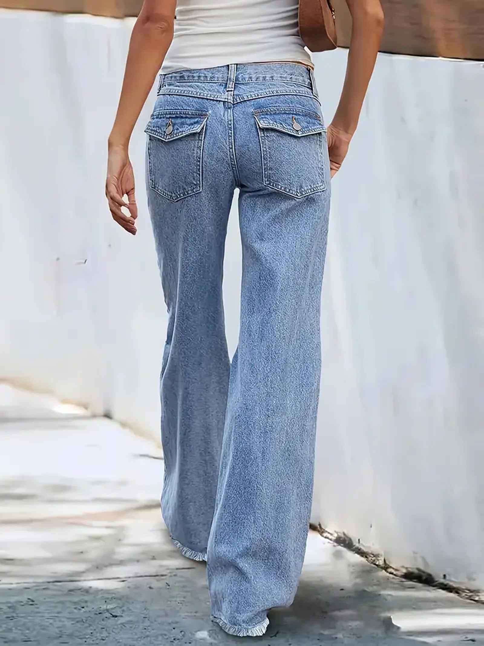 Jeans da Donna A Vita Alta con Gamba Dritta Larghi Usurati Orlo Sfrangiato Pantaloni in Denim A Gamba Larga