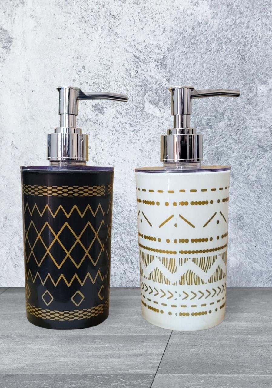 LAGET® Black and White Soap Dispenser Bottle Set with Decorative Design | Chrome Finish Pump and Rust Proof | Refillable Liquid Soap Dispenser for Bathroom, Kitchen, Hand Soap - Set of 2