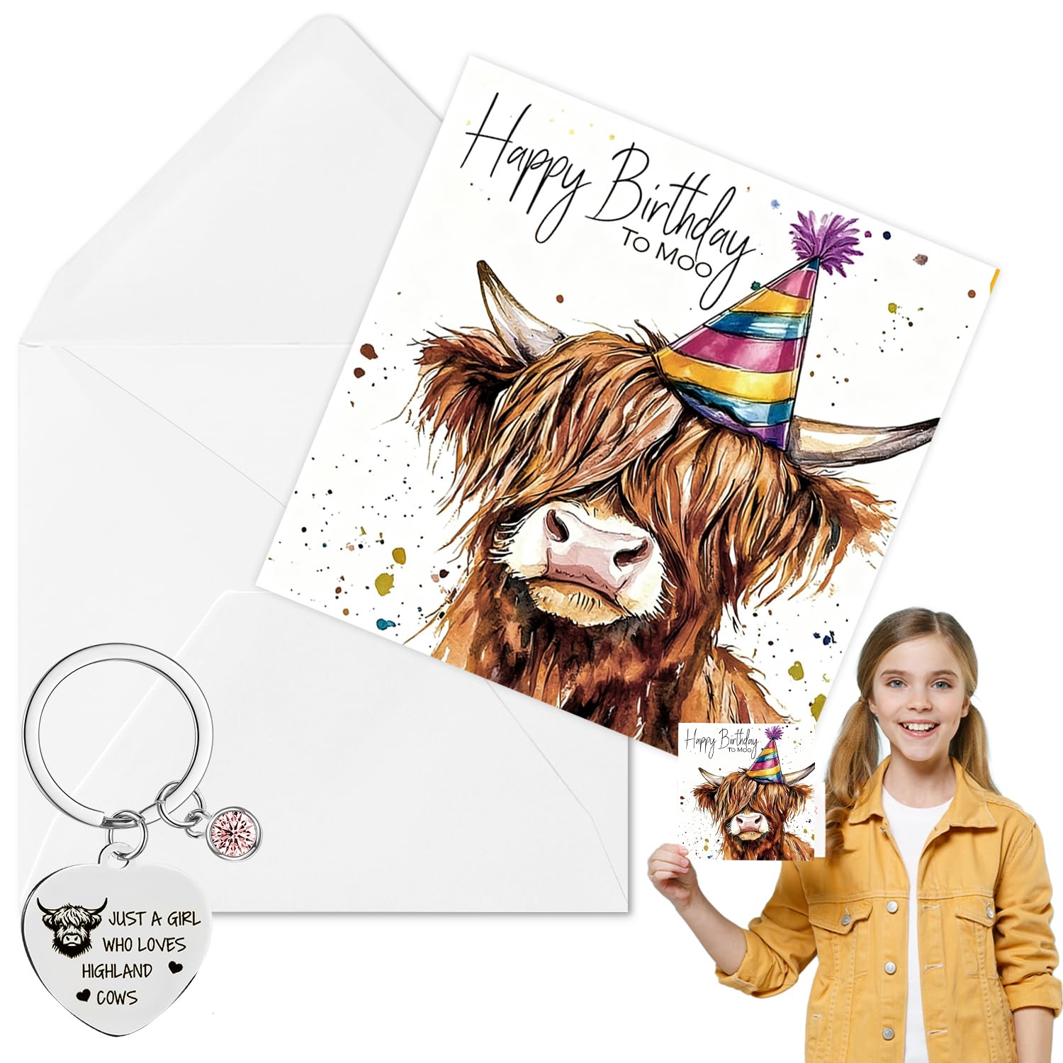 Highland Cow Card, Funny Birthday Card With Keychain Highland Cow Birthday Card with Envelope Cow Gifts for Women Mum Wife Daughter Sister Friend (Set A)