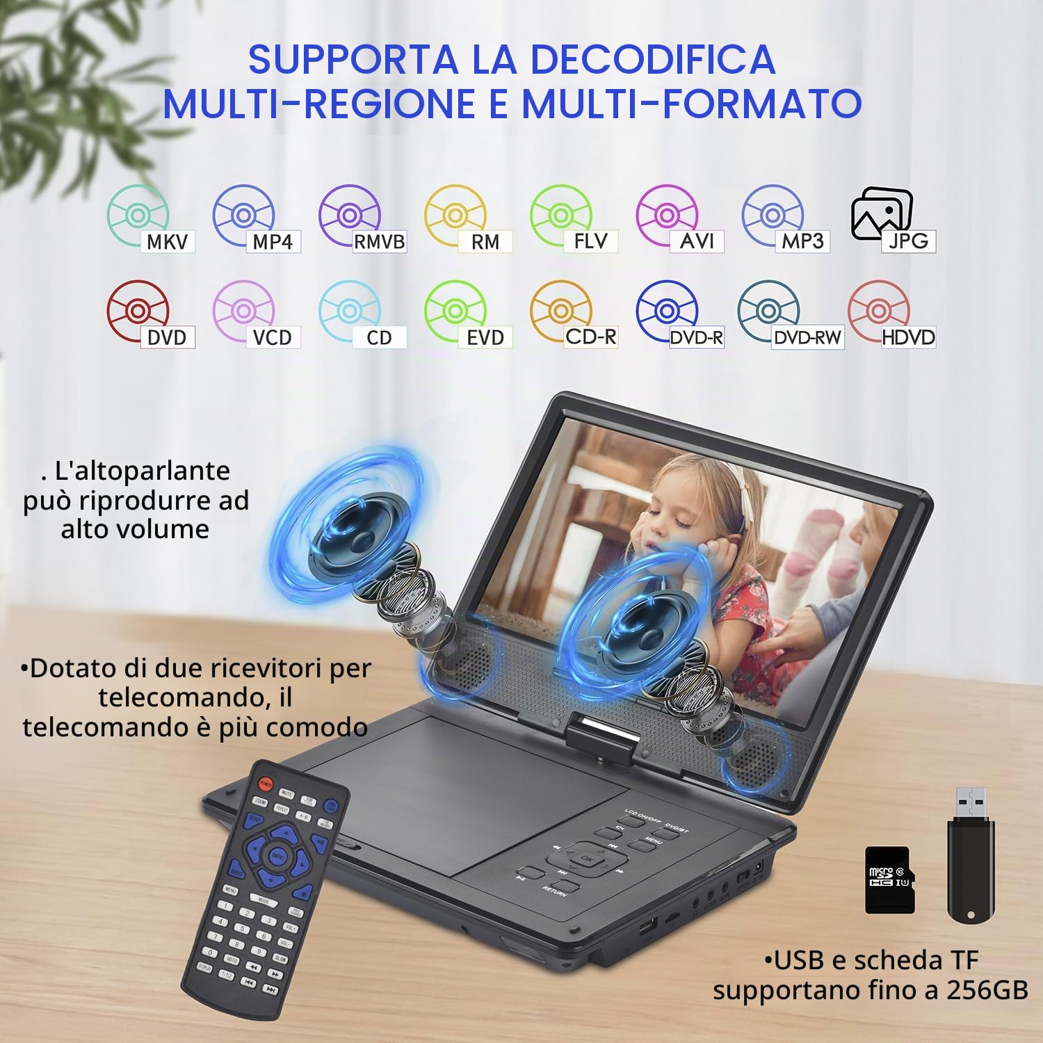 YOOHOO Lettore DVD portatile Bluetooth 12,5" schermo girevole 10,5" per bambini batteria ricaricabile riproduzione MKV/MP4/WAV/CD