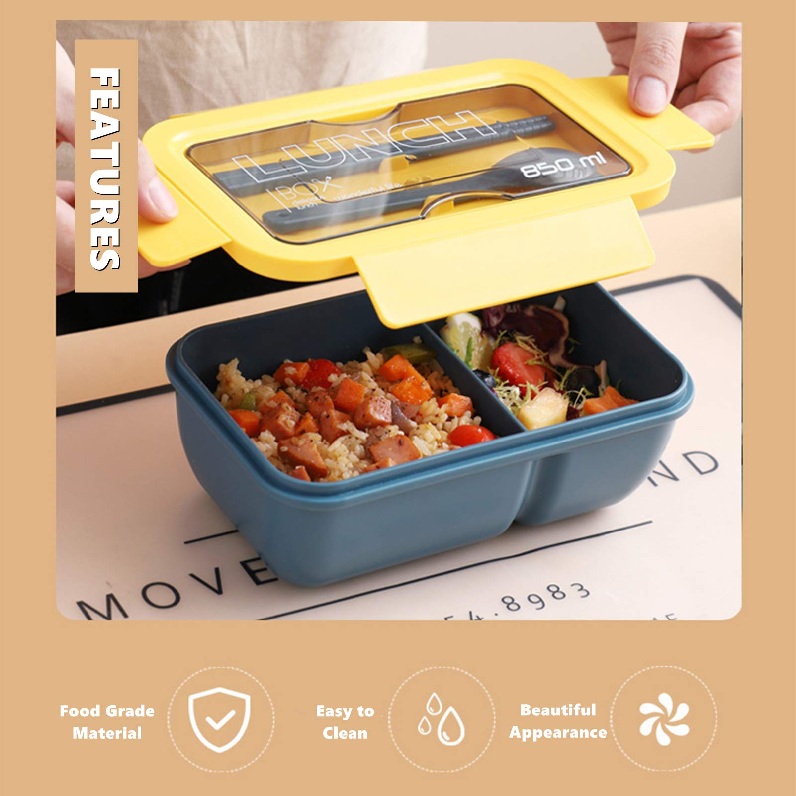 Chchmu Bento-Box Auslaufsicher – Rechteckige Lunchbox Mit Fächern, Inkl. Löffel & Stäbchen, Mikrowellengeeignet, Hellblau