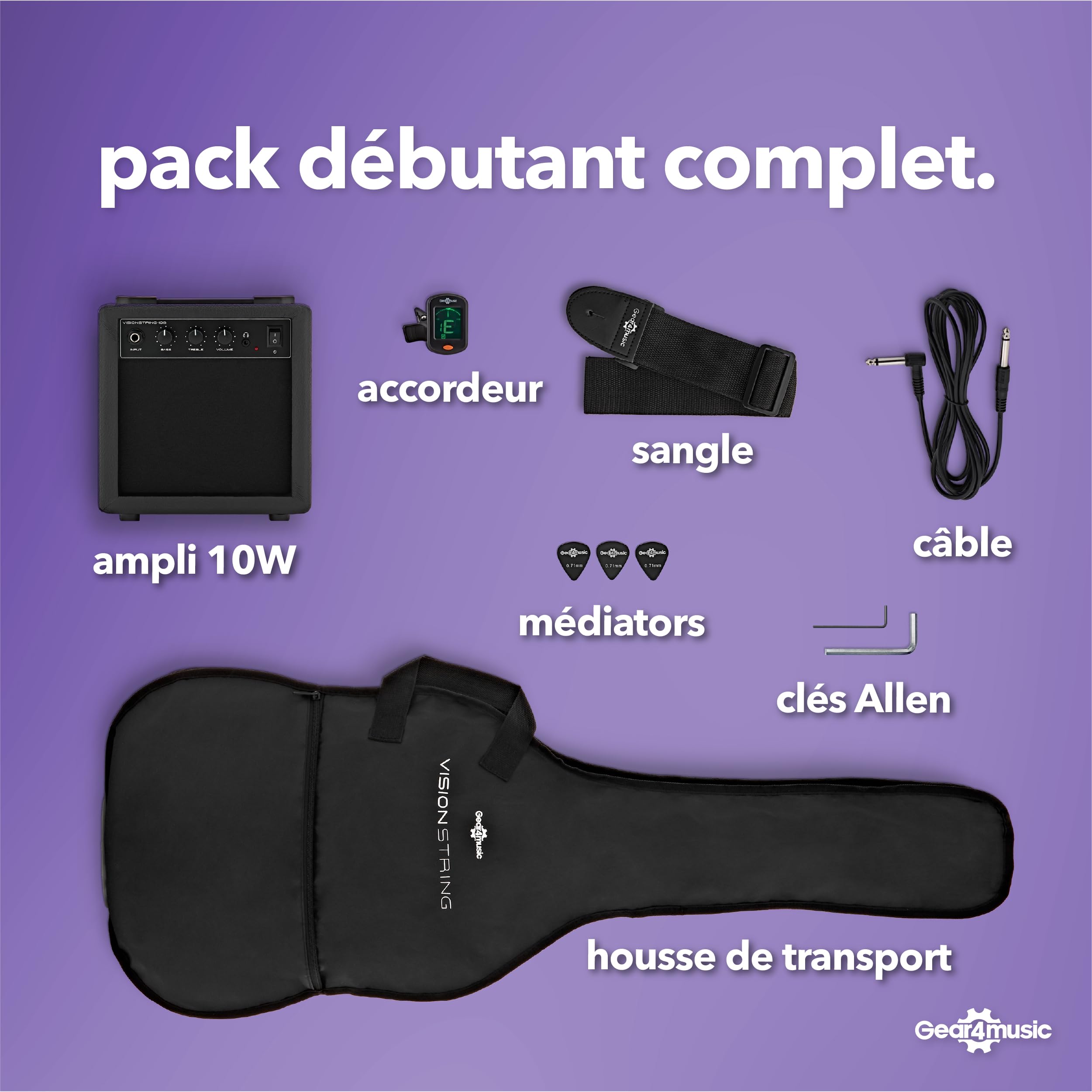 VISIONSTRING Kit Guitare Basse Gaucher avec Ampli 10W et Accessoires