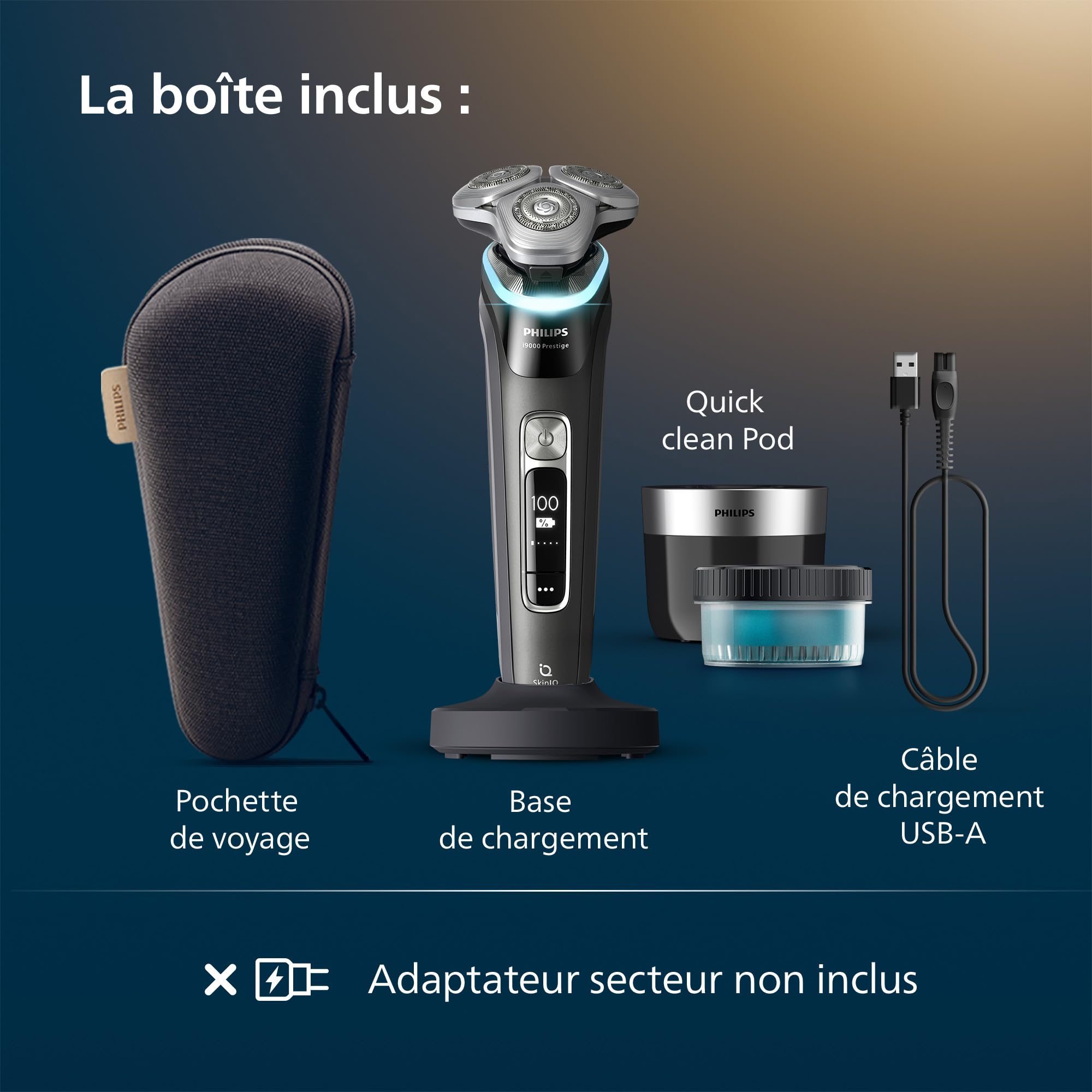 Philips Rasoir i9000 Prestige, Rasoir électrique sec et humide, Avec technologie Skin IQ, Système Triple Lift & Cut, Lames Dual SteelPrecision rotatives à 360°, Pod à nettoyage rapide, XP9207/30