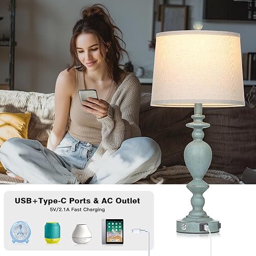 Miniatura 3 de 27.5" Coastal Table Lamp for Living Room Set of 2,Retro Blue Bedside Nightstand Lamps with USB C+A Ports & AC Outlet,3-Way Dimmable Touch Control