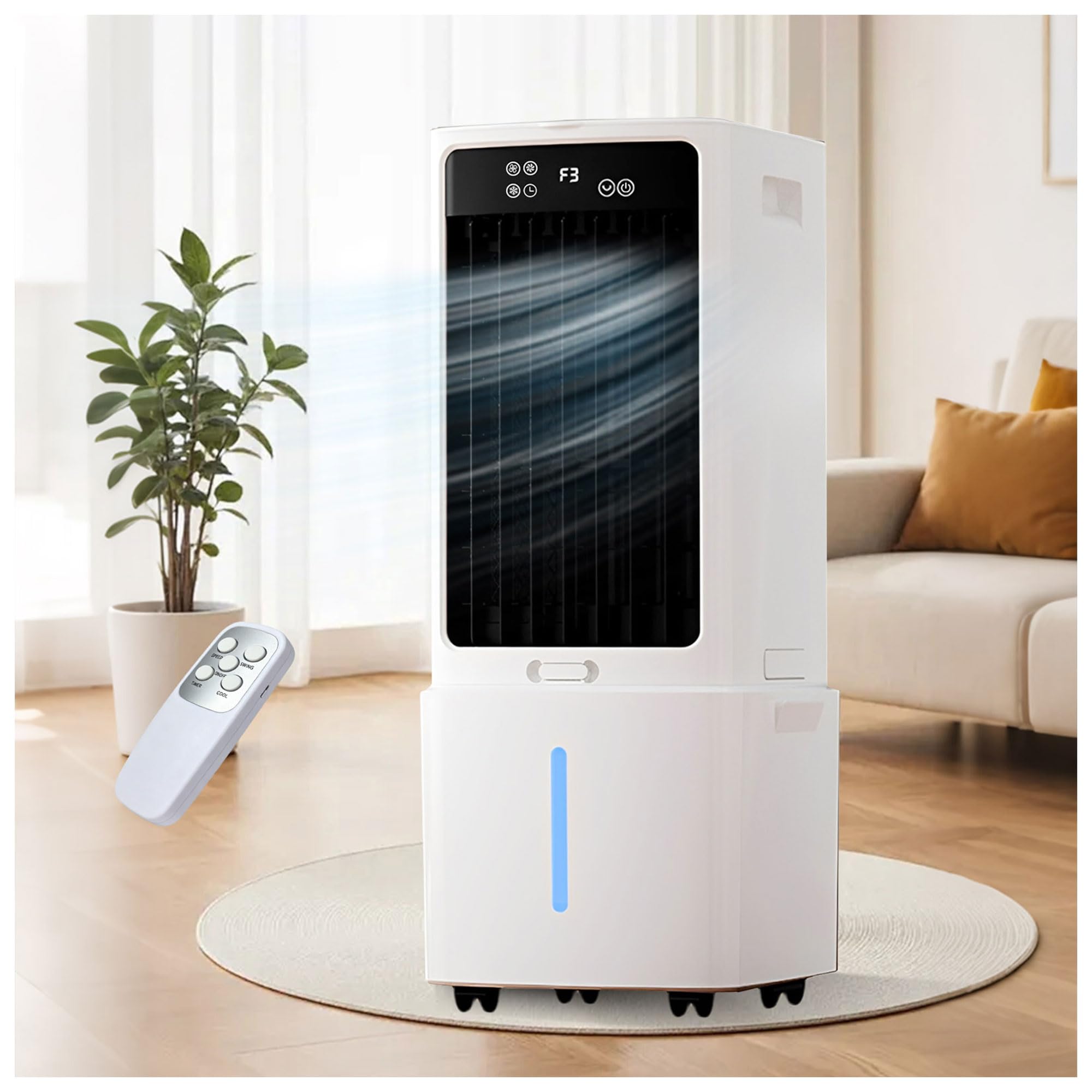 Windowless Air Conditioner Fan with 12L Tank, 3-Speed Portable Evaporative Air Cooler with Remote, 12H Timer, Ice Packs, Swamp Cooler for Bedroom Patio Garage Outdoor