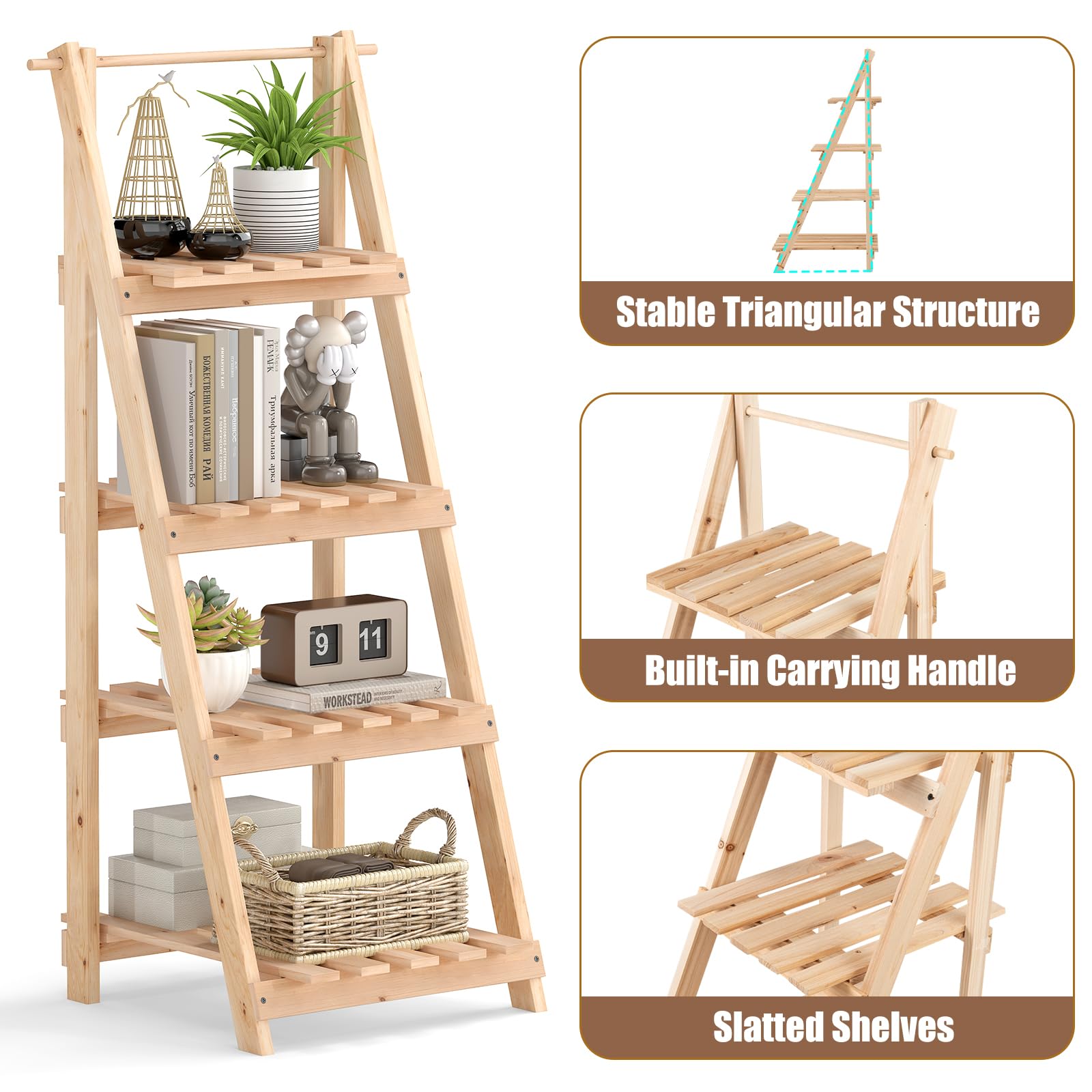 HOMASIS Porte-plantes d'intérieur à 4 étagères, étagère présentoir à escalier en bois d'épicéa, support pour plantes pliable et multifonctionnel pour salon, entrée, 38 x 52 x 109 cm, naturel