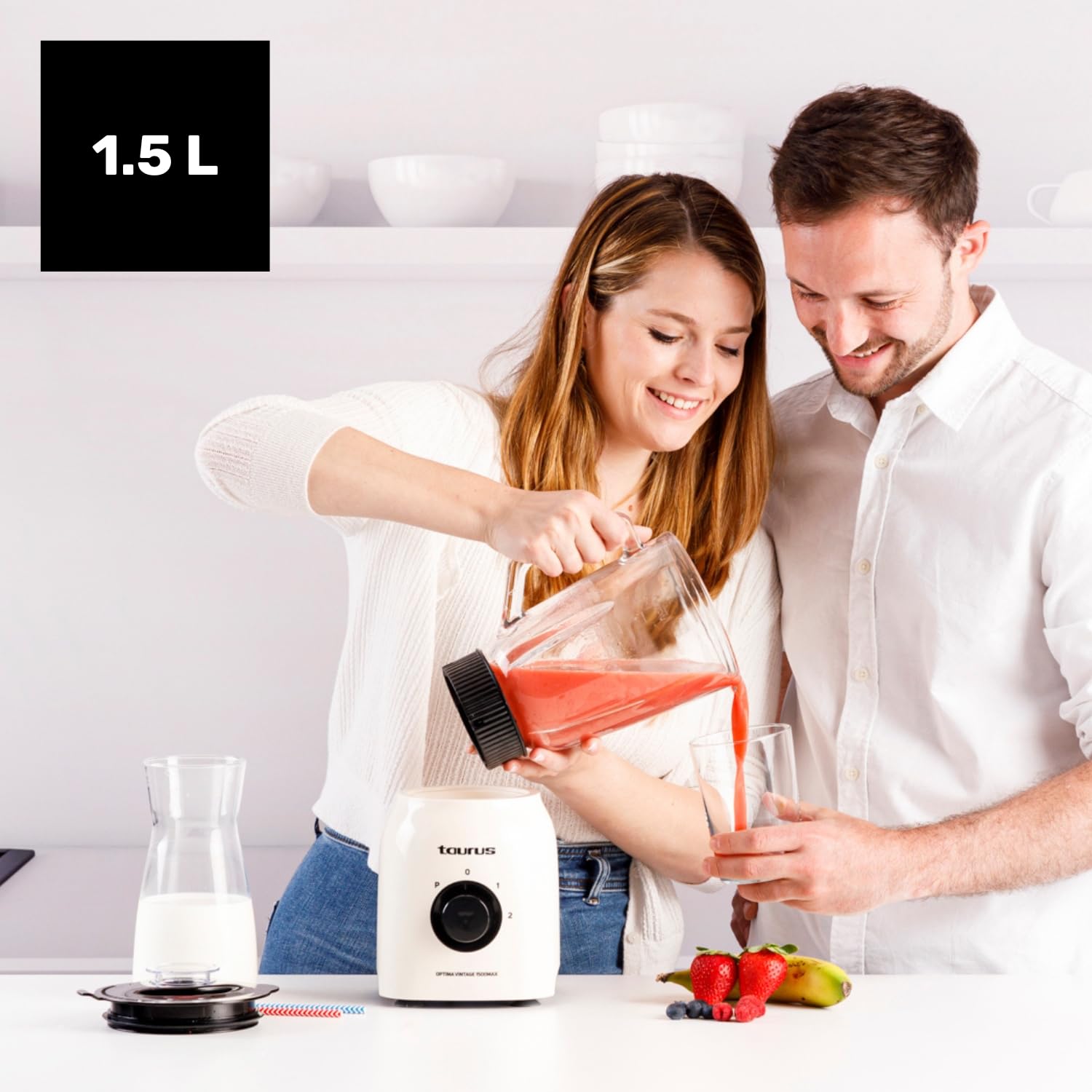 Taurus - Batidora de Vaso Potente 1500W | 21.500 rpm | Jarra Cristal 1,5L | Cuchillas Acero Inoxidable | Función Pica Hielo | 2 Velocidades + Turbo | Seguro | Diseño Vintage