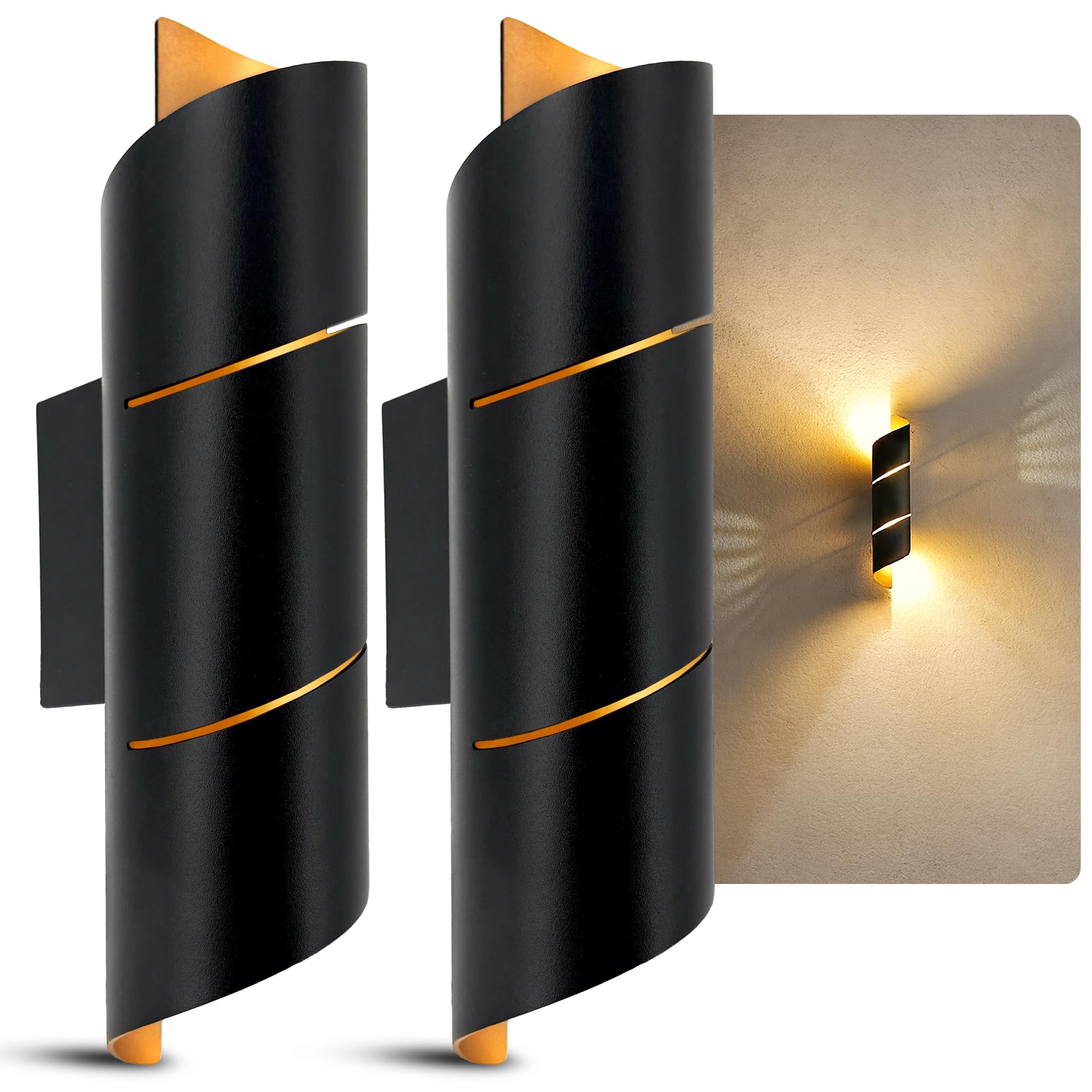 SSC-LUXon 2er Set VYRA Wandleuchte schwarz gold rund – Up and Down Lampen mit G9 Fassung Flurlampe mit diffusem Lichteffekt für Wohnräume