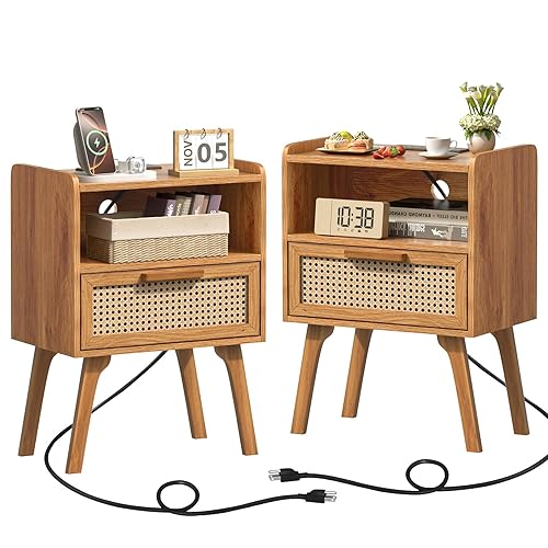 Lerliuo Rattan Nightstands Set of 2 with Charging Station, Side Table with Drawer, Cane Accent Bedside End Table with Solid Wood Legs, Night Stand for Bedroom, Dorm and Small Spaces (Tea Brown) - Tea Brown - 2 pack
