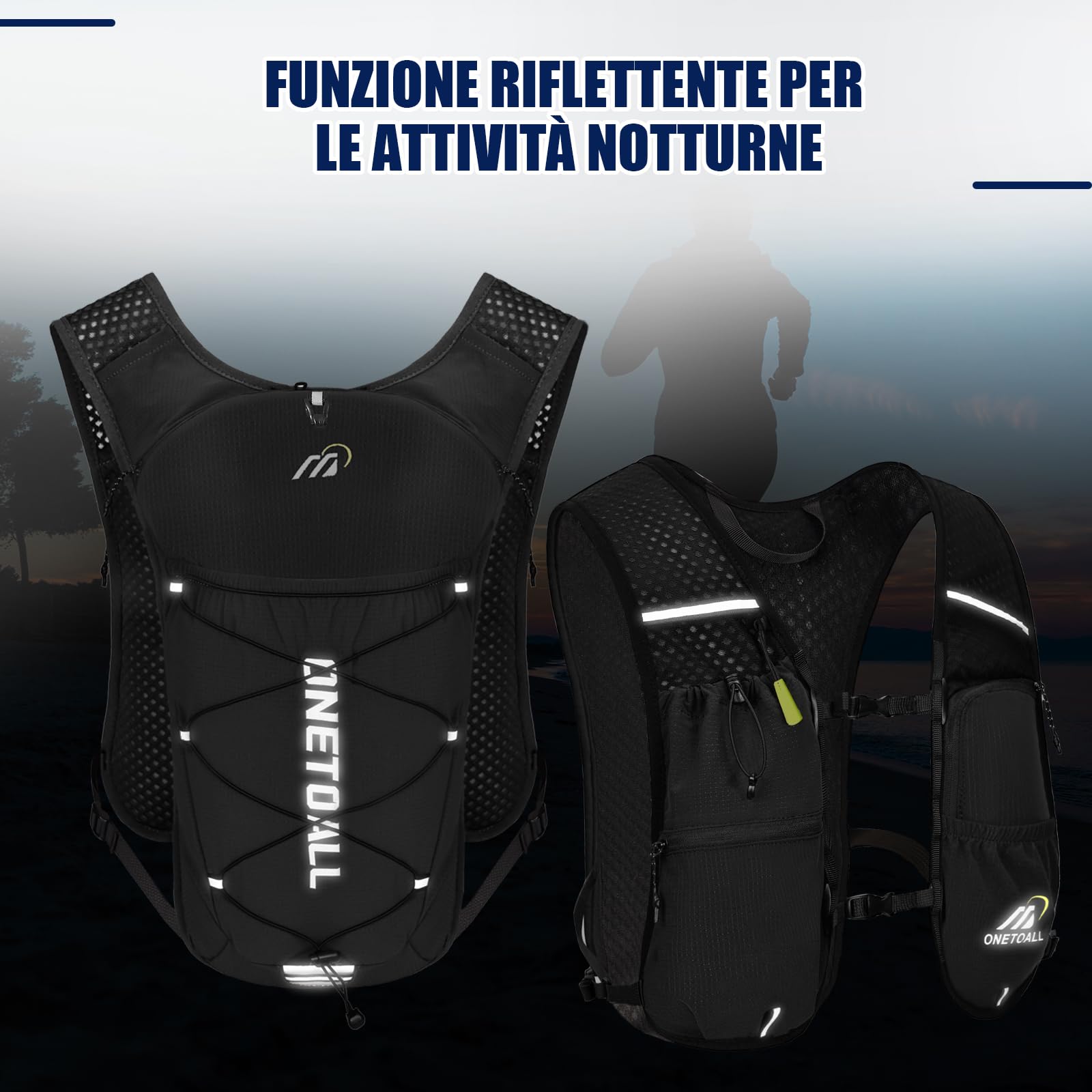 Zaino Trail Running, Gilet Running Uomo Donna, Running Vest con Soft Flask 500ml o Sacca Idrica 2L, Gilet Corsa per Idratazione Ultraleggero Riflettente per Corsa MTB Bici Moto Trekking