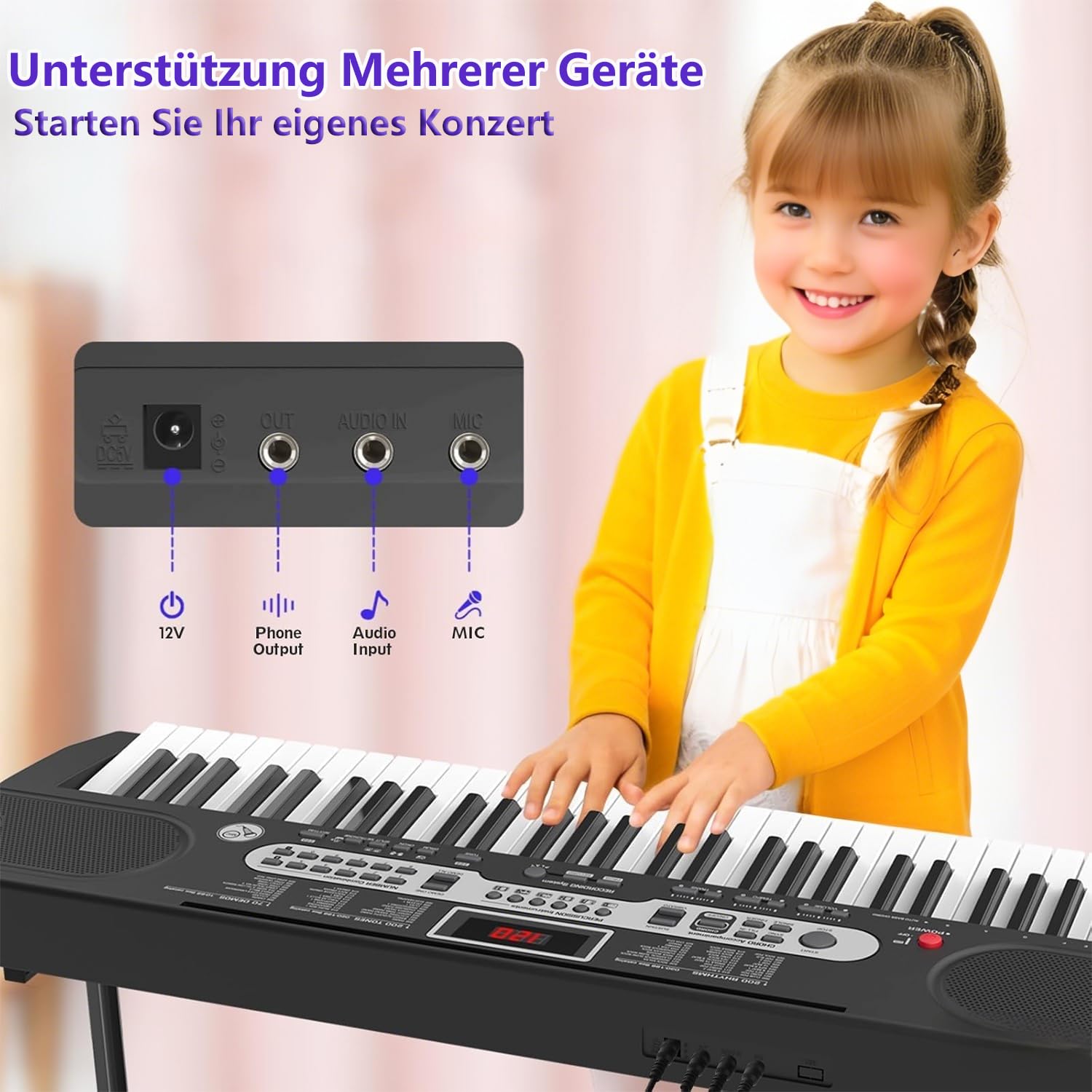 Keyboard Piano 61 Tasten für Kinder Anfänger, Digital Piano Set mit Ständer Sitzbank Kopfhörer Mikrofon Notenablage, Schwarz