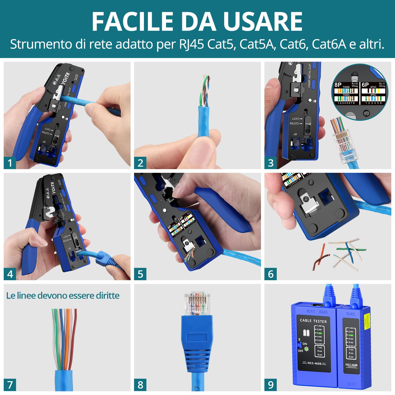 YGiTK Pinza Crimpatrice RJ45 di Rete Ethernet,Kit Multifunzione Strumento Crimpatura Spelafili per Cavi di Rete CAT5/CAT6/CAT6A/CAT7-con Taglierina per Cavi 50 Connettori RJ45 Cat6, 50 Guaine