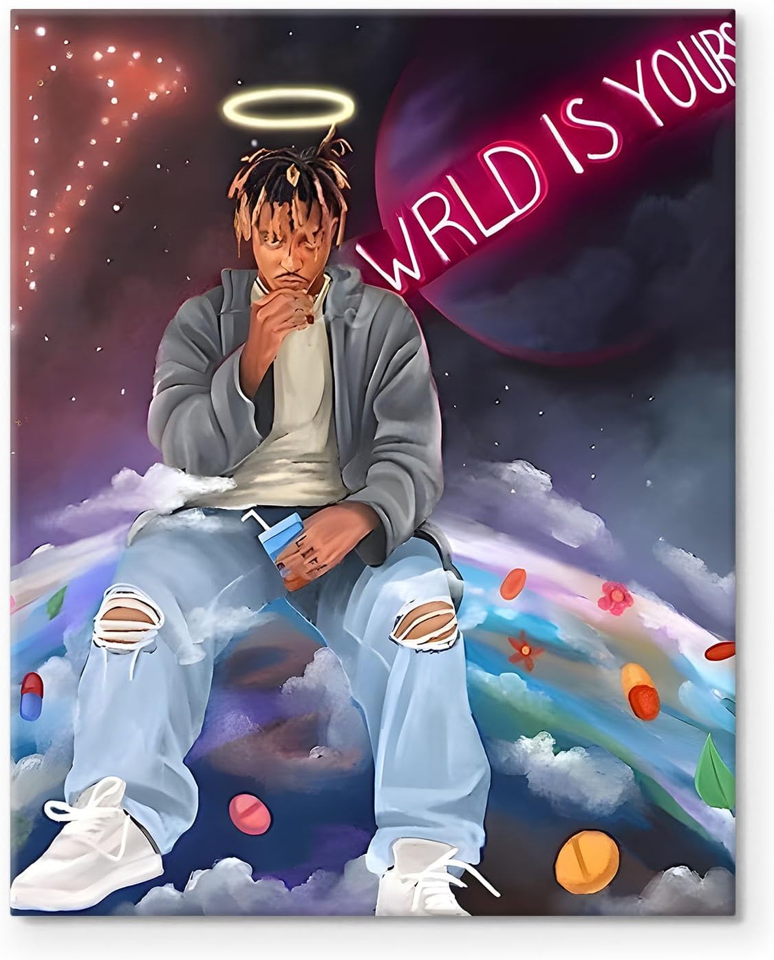 B.B.F MAKE Juice WRLD Canvas Wall Art Pop Rapper Sitting on World Poster Cosmic Picture Artwork, Music and Galaxy Aesthetic Wall Decor for Living Room Bedroom Game Room Bar Studio, Framed 8x10inch - Image 9