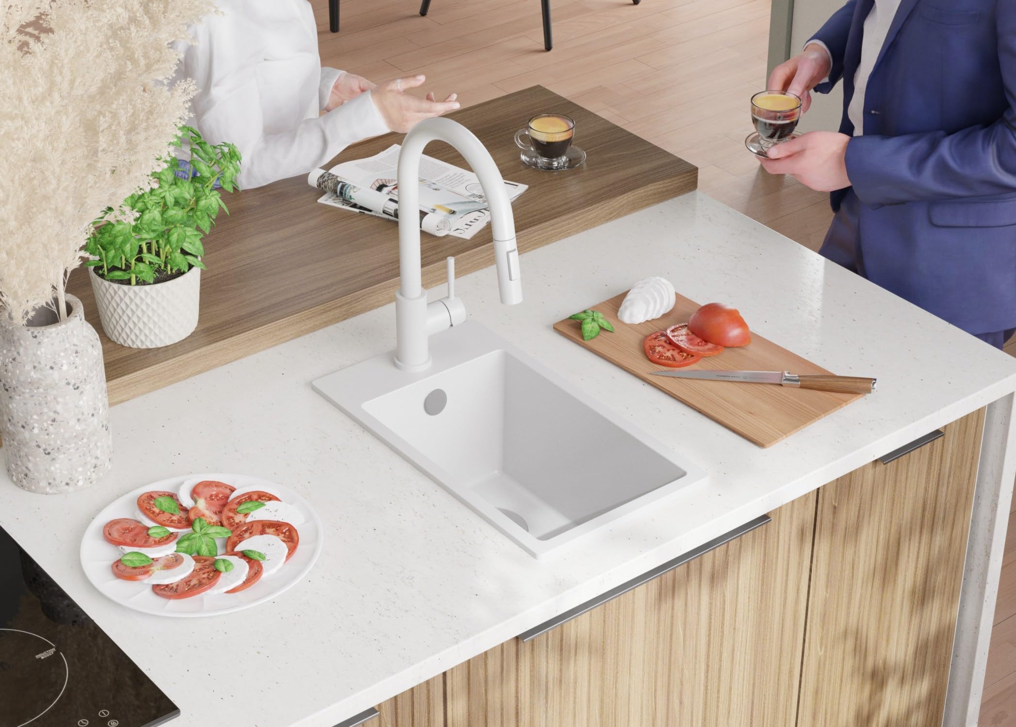 PRIMAGRAN Fregadero Cocina Blanco - Riga, 28x50cm | Granito 1 Seno + Sifón, sobre Encimera al Mueble 30cm (S002)
