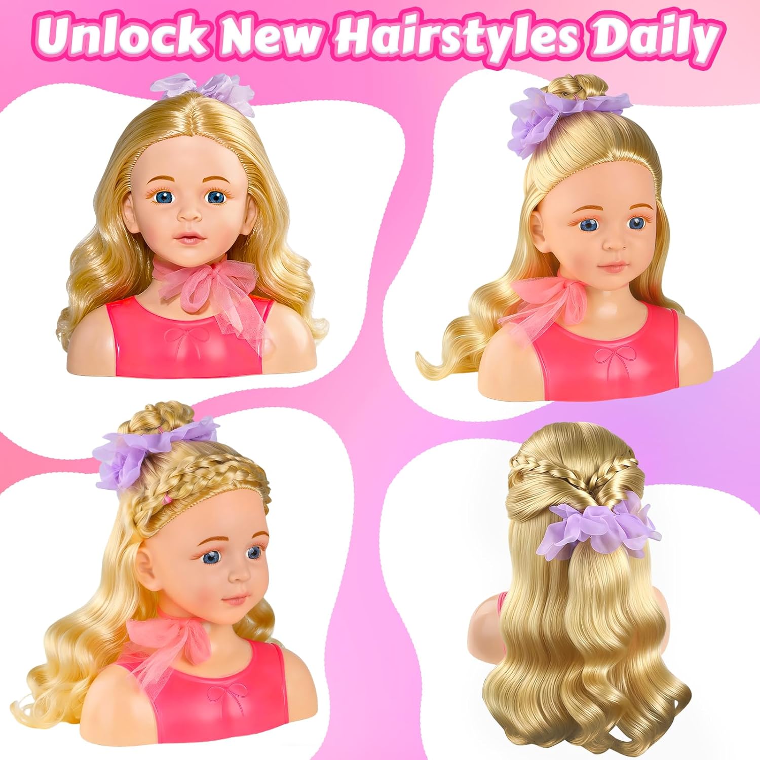 Doll Head Hair Styling Kit for Girls Toys, Makeup Doll Head for Girl, Pretend Play Hair Salon Toy Birthday Gift for 3-8 Year Old Girls