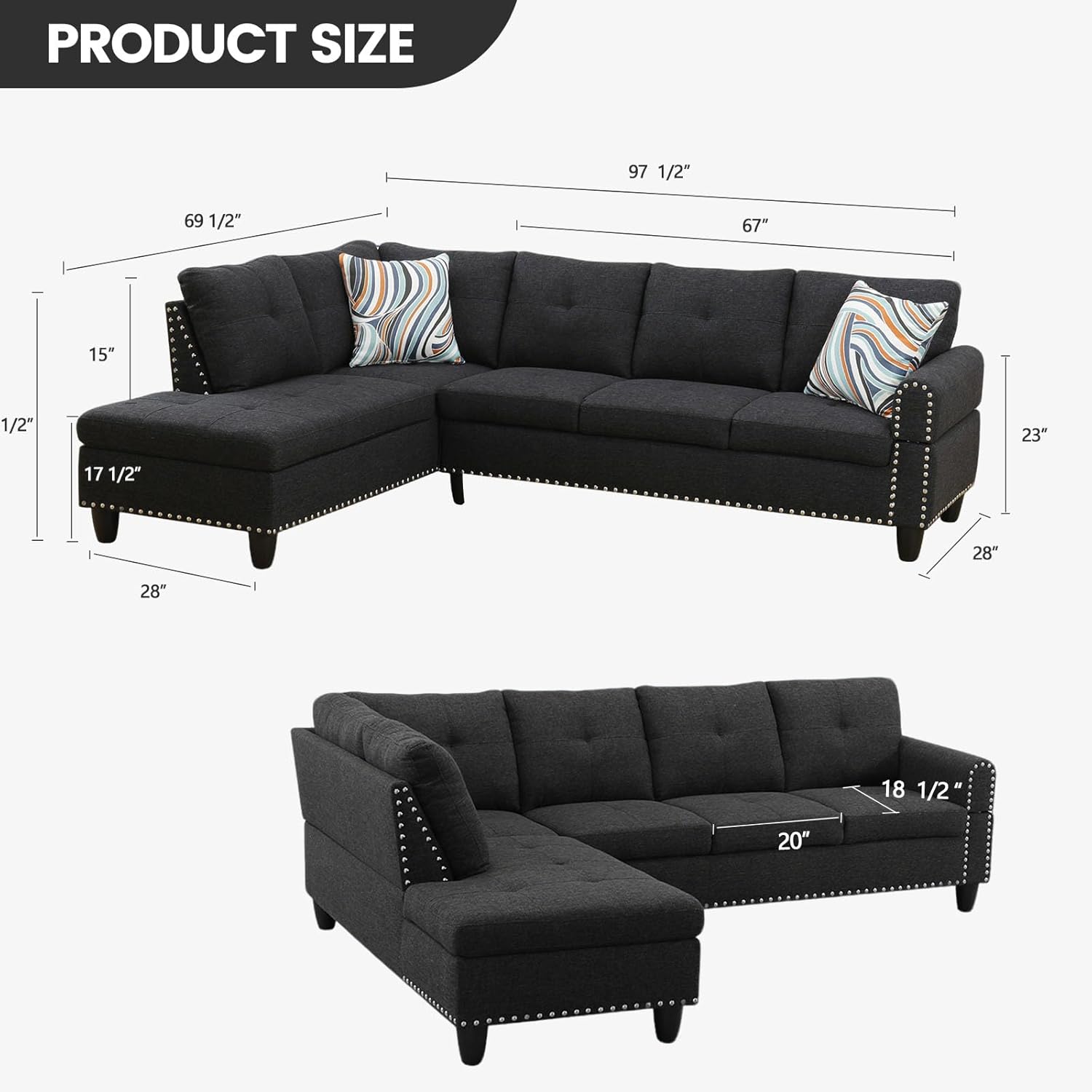 L Shape Sectional Couch with Chaise, 97.5 Inch Modular Sofa with Cup Holders, Sectional Couches for Living Room, Ergonomic Reclined Backrest, for Office and Small Apartment, Black Grey