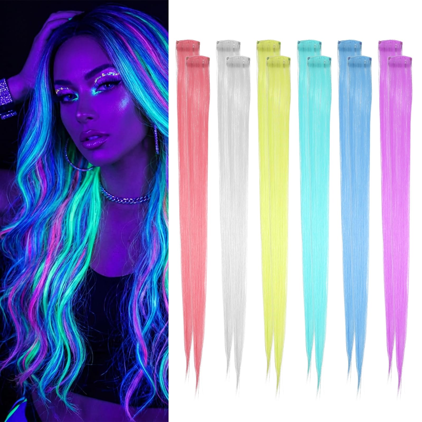 Glow In The Dark Hair Accessories, 12 PCS Glow In The Dark Hair Extensions Clip In Hairs Multi Colored Rainbow-Hair Extensions for Women 7.87 In