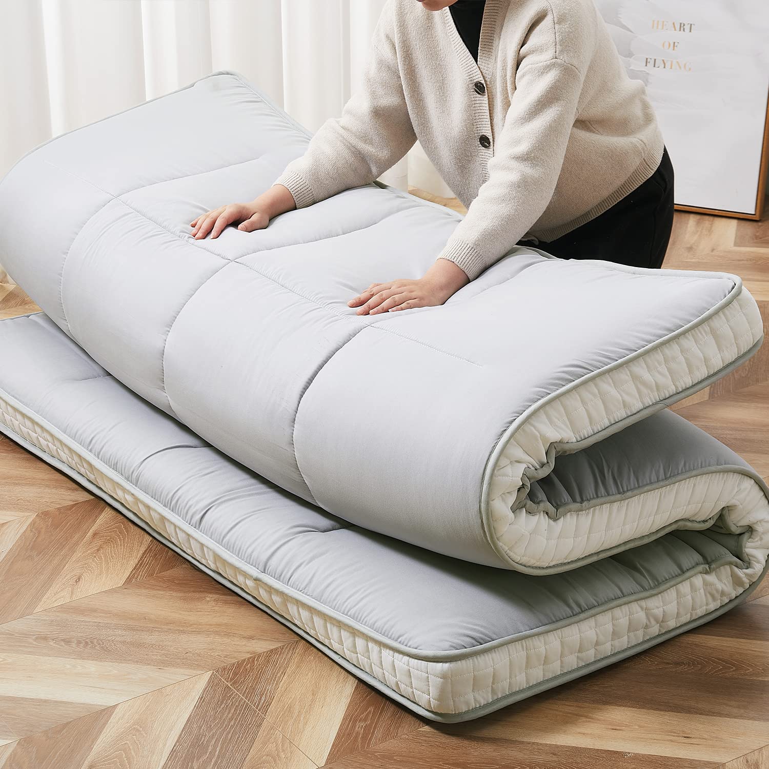 SUNYRISY Japanische Futon Matratze, 200 x 140cm Bodenmatratze Mit Aufbewahrungstasche, Faltbare Tragbar Tatami Gästematratze Klappbett, Grau