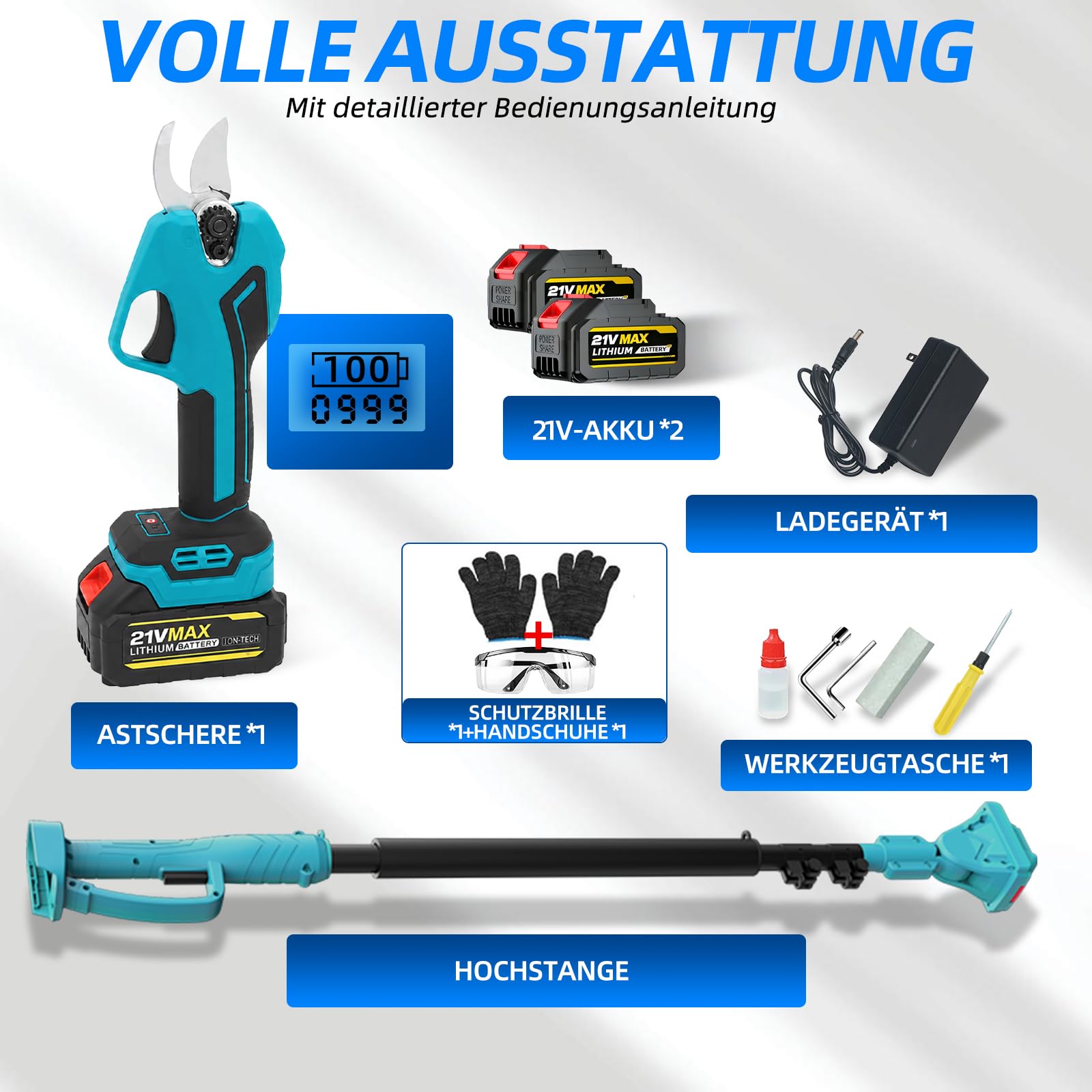 2-in-1 Akku Teleskop-Gartenschere 40 mm mit SK5 Klinge | 2,5 m Teleskopstange, 4,6m Länge,1000W Bürstenloser Motor, 2x 4000mAh Akku, LCD-Display,für Bäume, Sträucher & Hecken