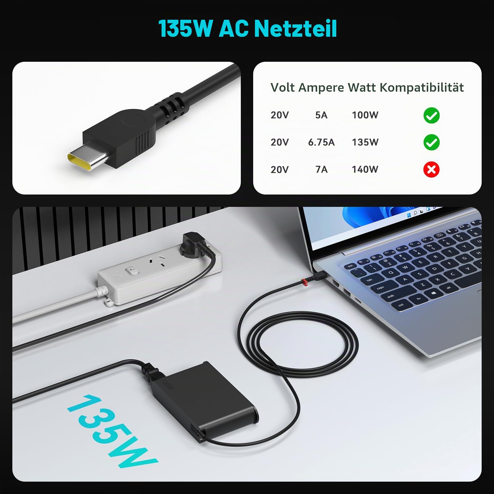 135W USB-C Netzkabel für Lenovo ThinkPad Z16 P16s P15s P14s E16 E15 E14 T16 Yoga/Slim Pro 9 7 6 7i 9i Book 9 ThinkBook 16 14p 14 15 14s 13x IdeaPad Slim/Pro 9 7 5 Legion 9 Laptop Ladegerät Ladekabel