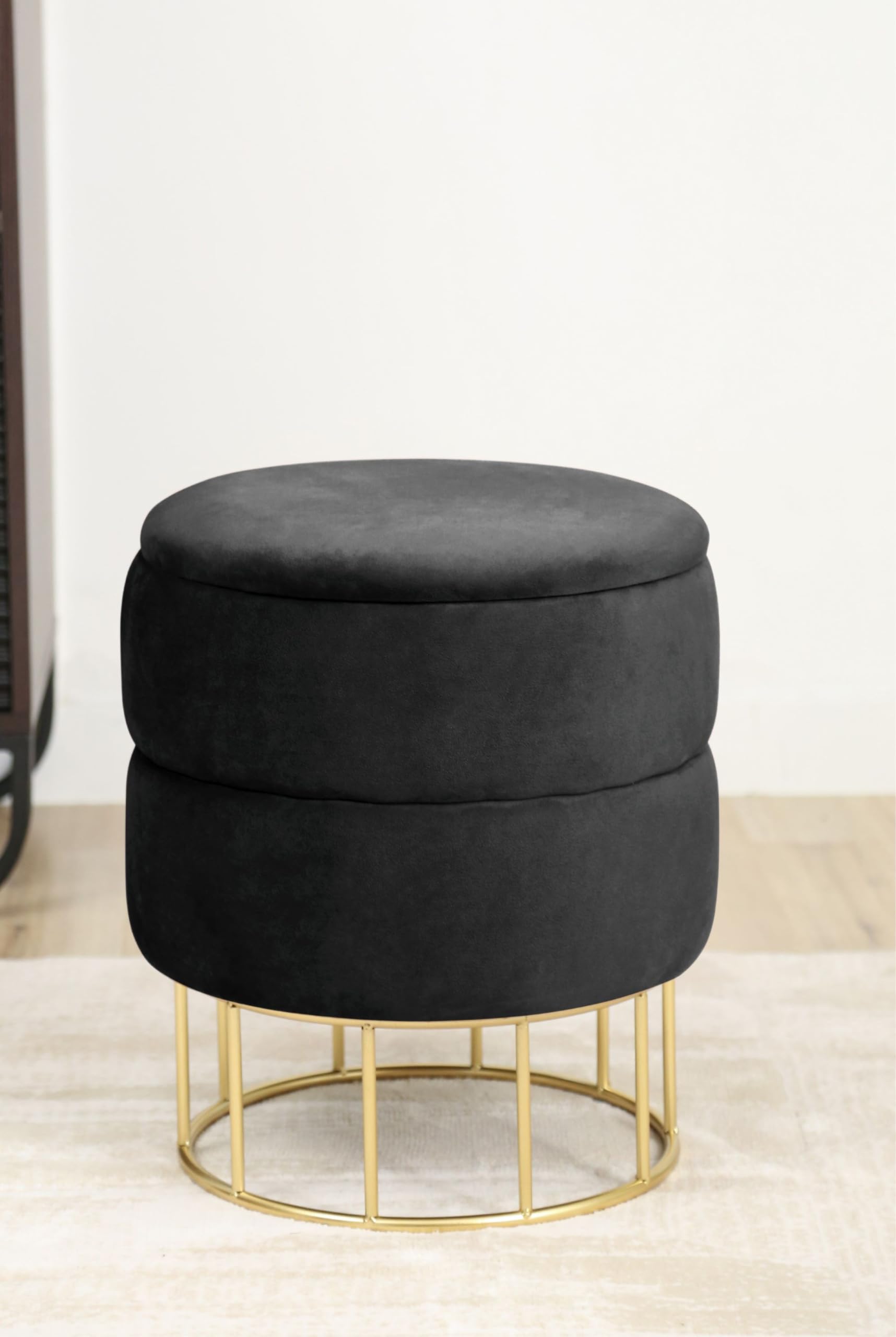 AKORD ALIA Velvet Poef, voetenbank, opbergdoos voor kleine voorwerpen, gevuld, gewatteerde decoratieve poef, voor woonkamer en slaapkamer, zwart