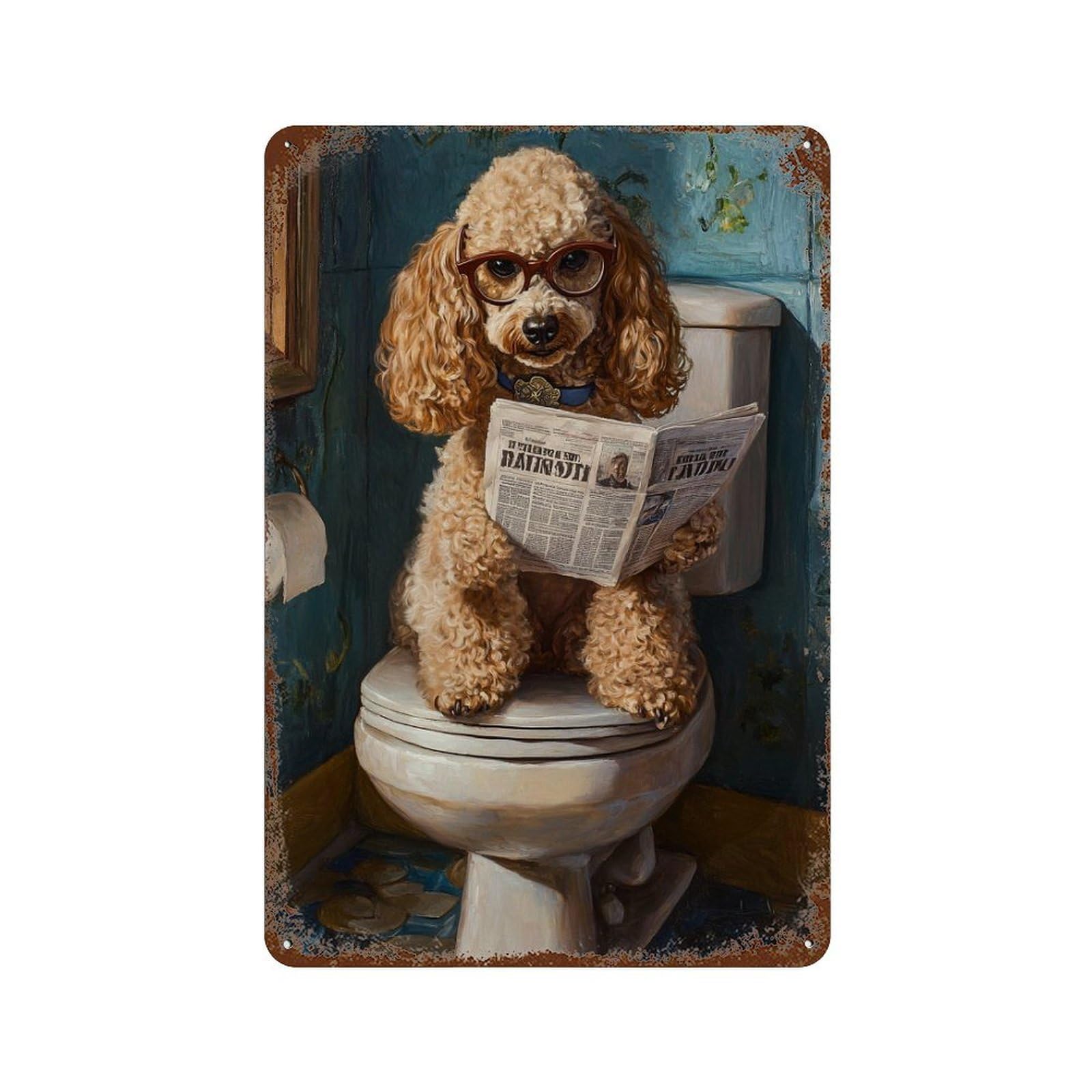 Poodle Reading Newspaper on Toilet-4 Vintage Rust Metal Sign 11.8"x7.9", Retro Wall Decor for Garage, Pub Or Kitchen