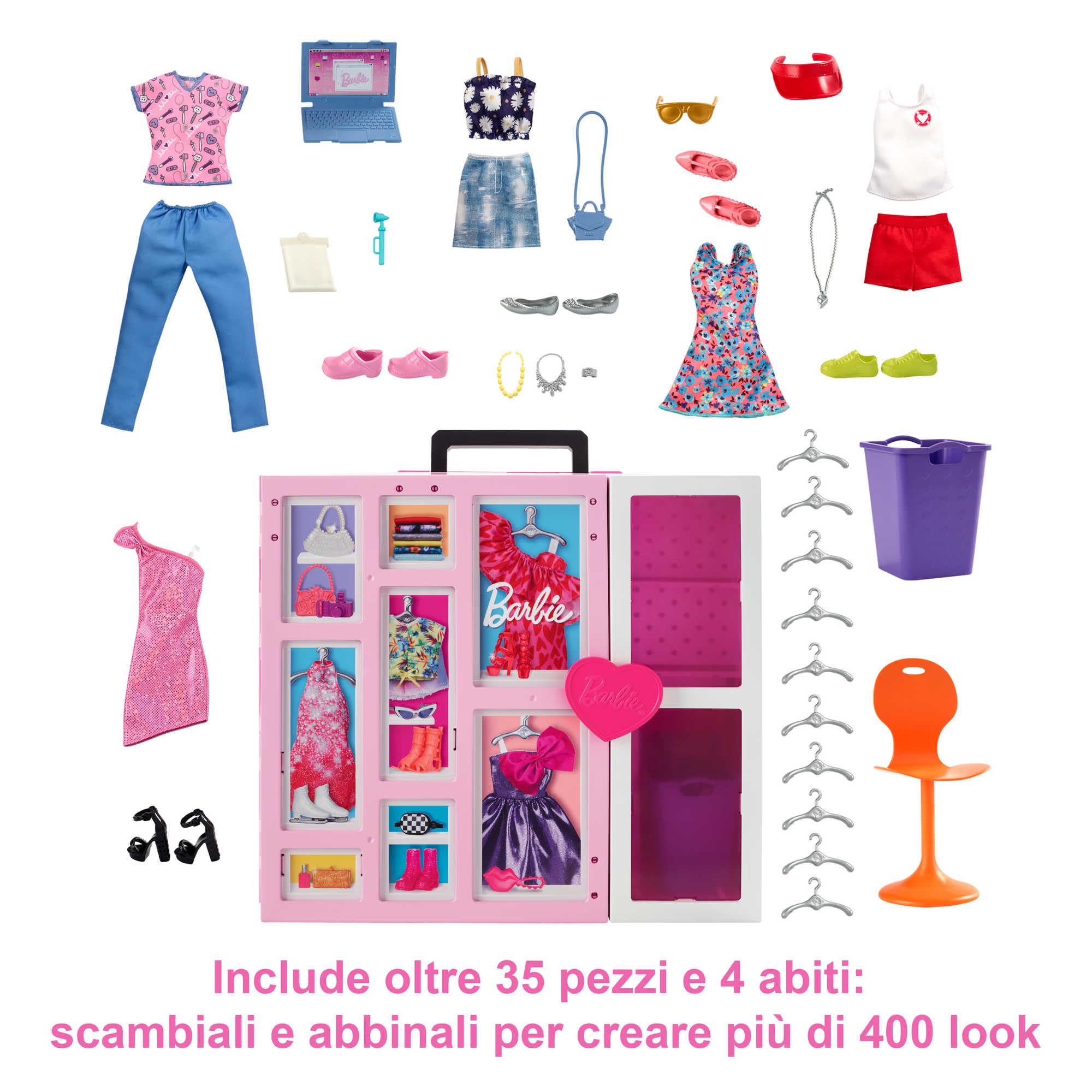 Barbie - Armadio dei Sogni, playset largo 60cm con 15 aree per riporre gli accessori, include specchio, scivolo per biancheria e 35 outifit per creare 400 look, giocattolo per bambini, 3+ anni, HBV28